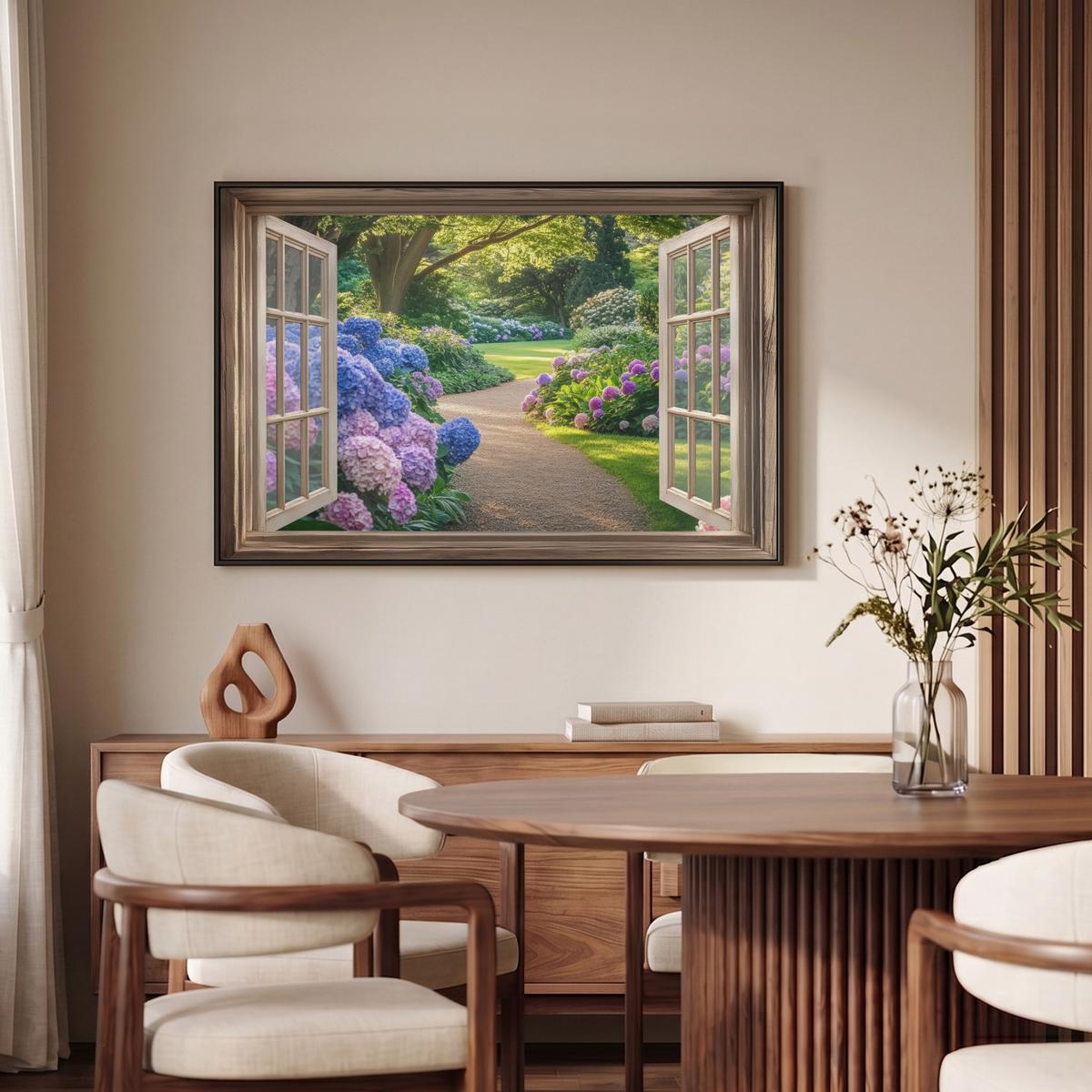 LEINWAND Bilder mit Rahmen - Aussicht - Garten - Fenster - Hortensie - Blumen - 90x60 - Pastellblau, Textil (90/60cm) - MuchoWow