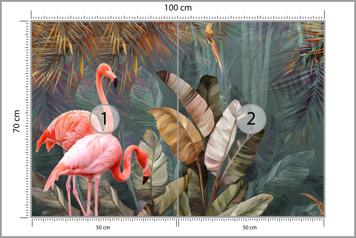 FOTOTAPETE für Wohnzimmer Flamingos Dschungel Blätter Tropisch 100x70 - Multicolor, Papier (100/70cm) - Muralo