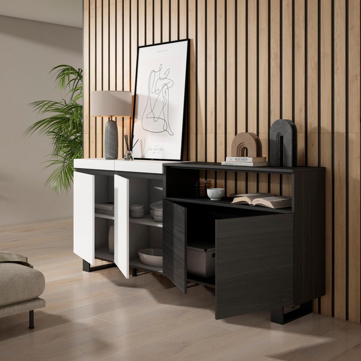 SIDEBOARD weiß und schwarz, 200/35/87cm - Multicolor, Holzwerkstoff (200/87/35cm) - Skraut Home