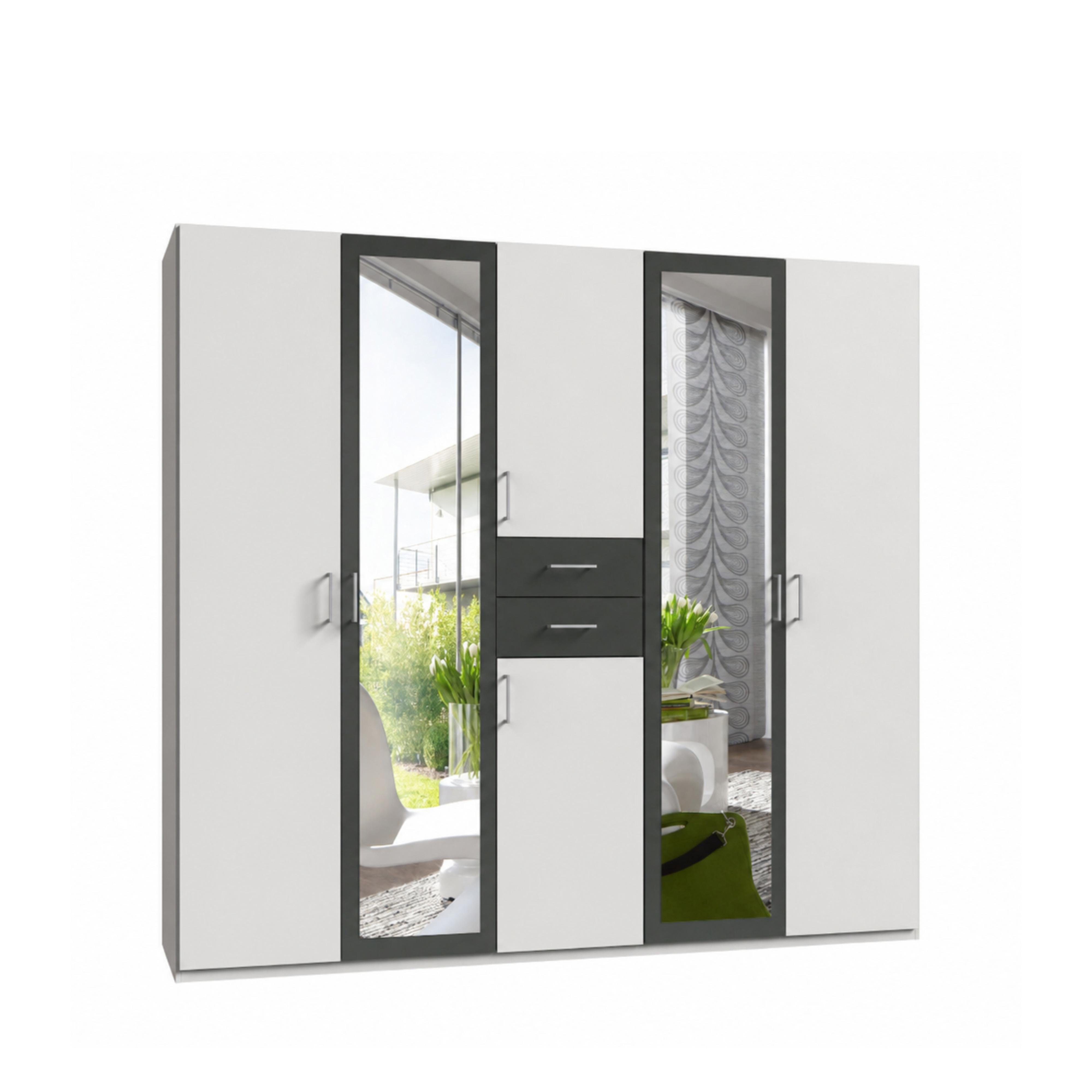 DREHTÜRENSCHRANK B225/H208/T58 cm, Weiß mit Absetzungen in Grafit, Kleiderschrank mit 2 Spiegeltüren & Schubkästen / 22590 - Silberfarben/Graphitfarben, Holzwerkstoff/Kunststoff (225/208/58cm) - luma-home
