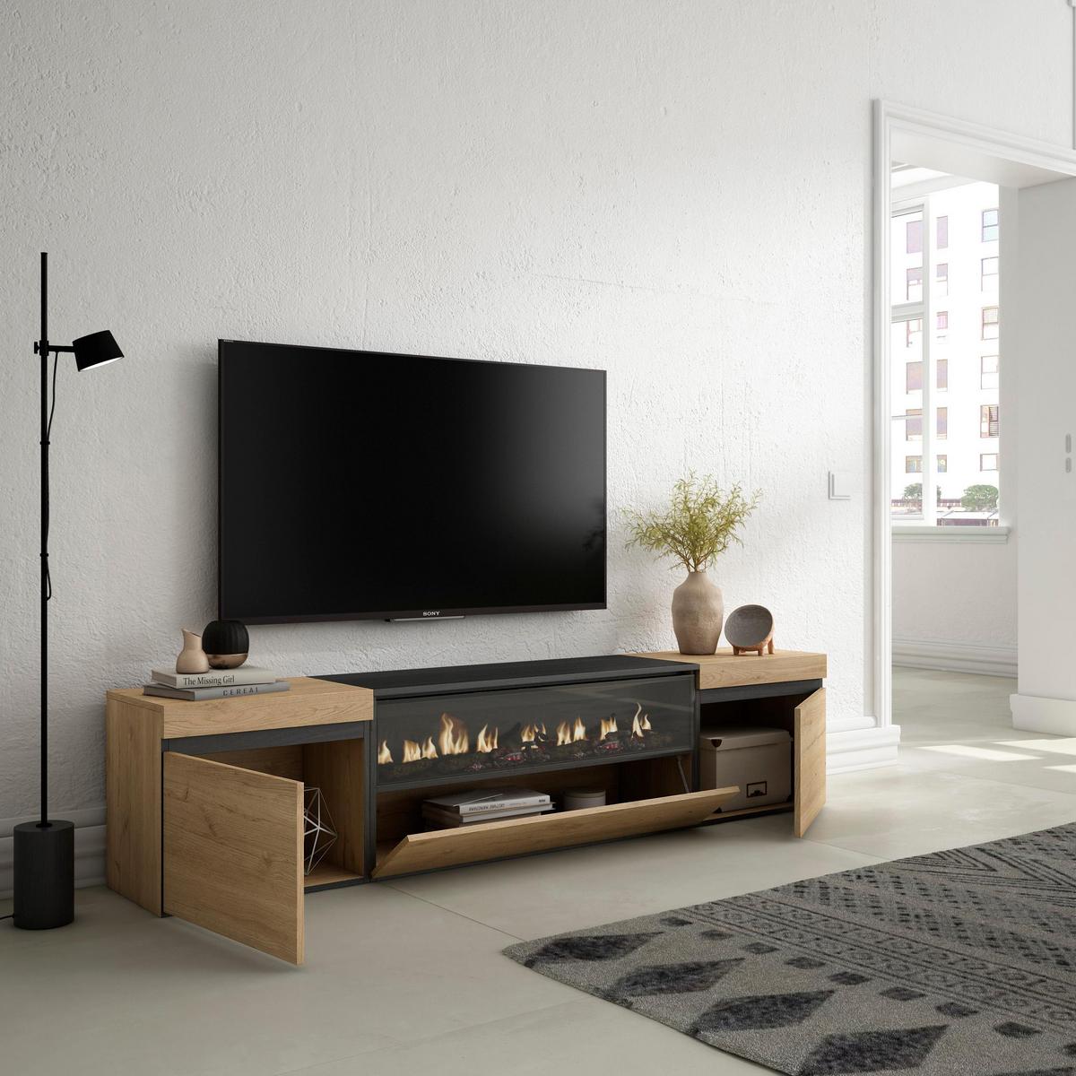LOWBOARD mit Elektrokamin, Eiche, Schwarz, 200/35/45cm - Eichefarben, Holzwerkstoff (200/45/35cm) - Skraut Home