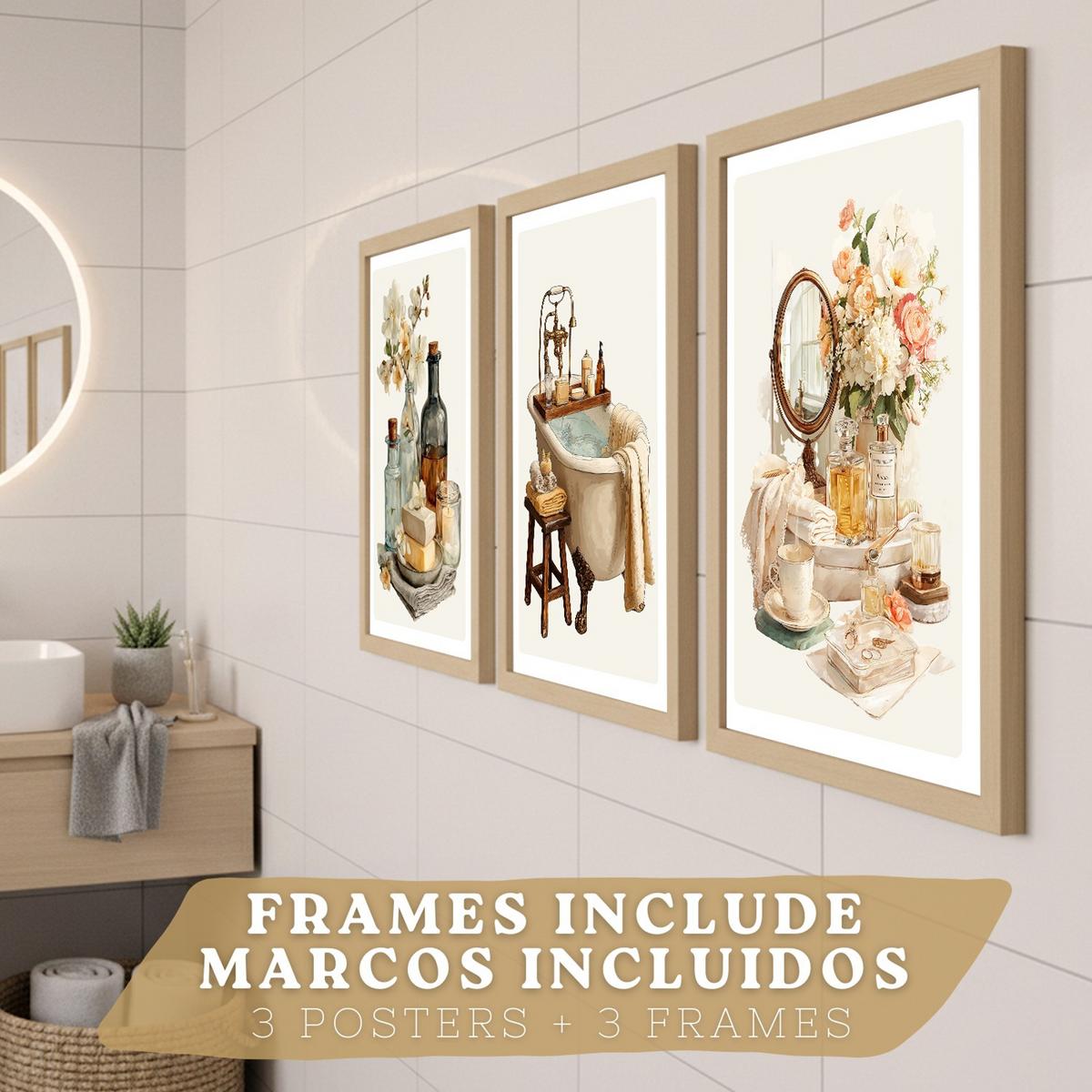 POSTER 3er-Set dekorative Badezimmer-Wandbilder und, Vintage-Stil für Waschbecken, Dusche, WC mit Badewanne, Blumen und Spiegel Leichter Holzrahmen A4 - Beige, Papier (29.7/21/3cm) - Nacnic