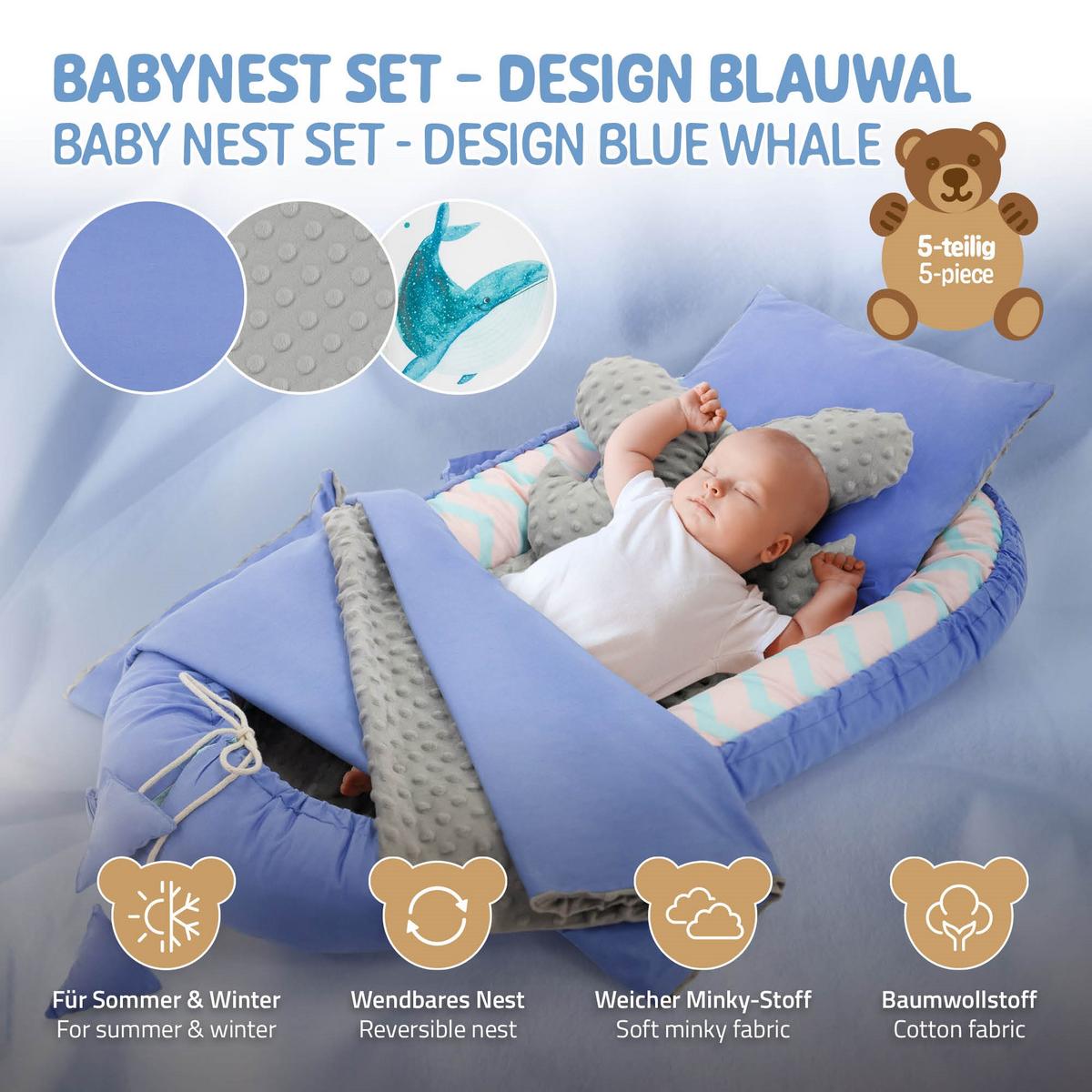 KUSCHELNEST 5 teilig Blauwal Dunkelblau - Blau, Textil (50/90cm) - Joyz