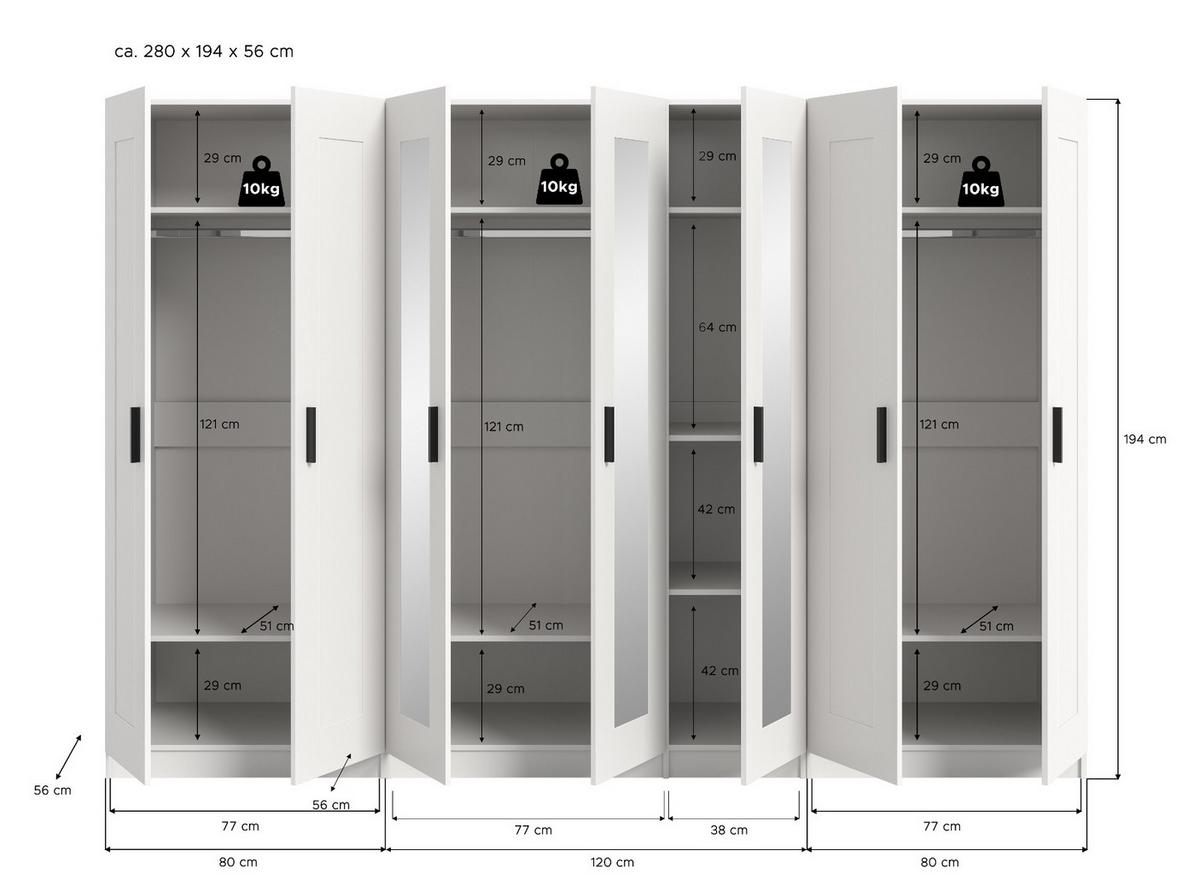 KLEIDERSCHRANK in weiß 280 x 194 cm skandinavisch, Drehtürenschrank 7-türig mit Spiegel - Schwarz/Weiß, Glas/Holzwerkstoff (280/194/56cm) - Inn.Furn