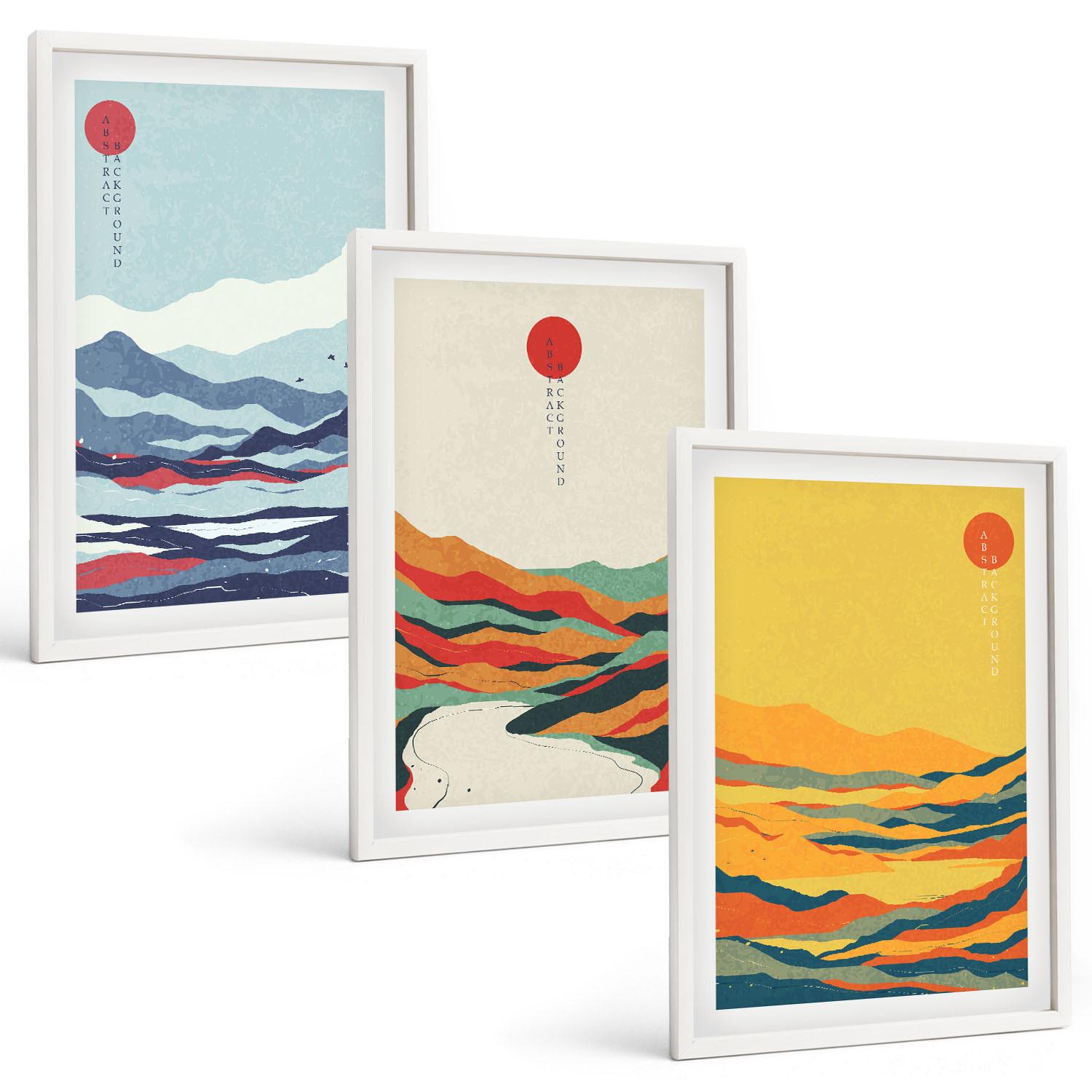 BILDER SET 3er Set - 40x60 cm Weißer Rahmen - Abstraktion von farbenfrohen Bergen und Flüssen - Weiß, Kunststoff (40/60cm) - TULUP