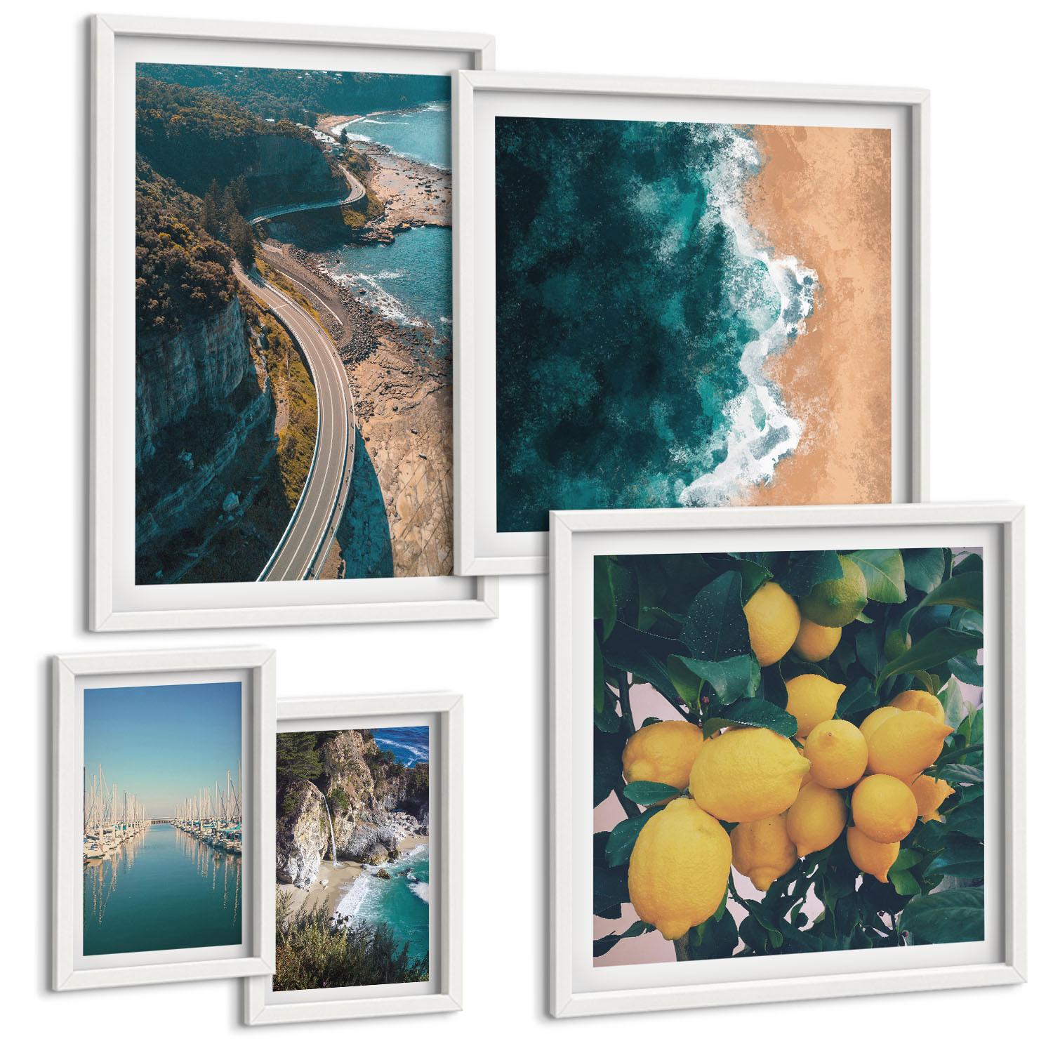 BILDER SET 5er Set - 50x50 cm & 20x30 cm & 40x60 cm Weißer Rahmen - Straßen am Meer, ein Meer aus Zitronen - Weiß, Kunststoff (40/60cm) - TULUP