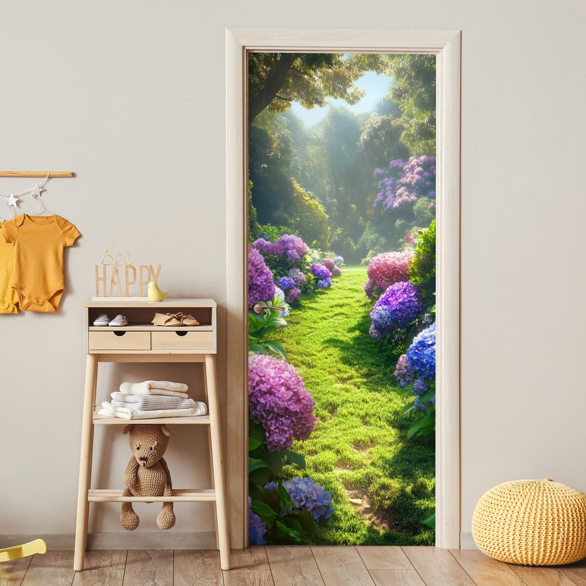 TÜRAUFKLEBER Natur - Hortensie - Blumen - Grün 90x235 cm - Türtapete - Hellgrün, Kunststoff (90/0.1cm) - MuchoWow