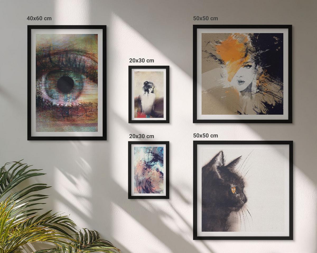 BILDER SET 5er Set - 50x50 cm & 20x30 cm & 40x60 cm Schwarzer Rahmen - Gelbgrau-braune Wellen - Schwarz, Kunststoff (40/60cm) - TULUP