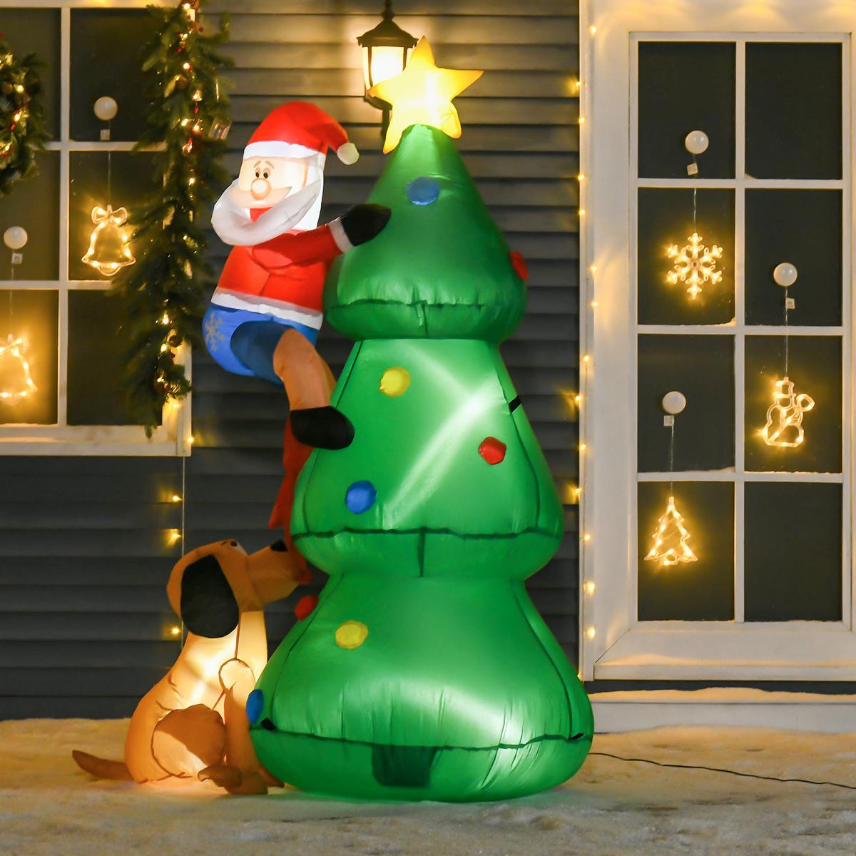 AUFBLASBARER Weihnachtsbaum Weihnachtsmann Hund 180 cm LED Selbstaufblasend - Grün, Kunststoff (85/180/123cm) - HOMCOM