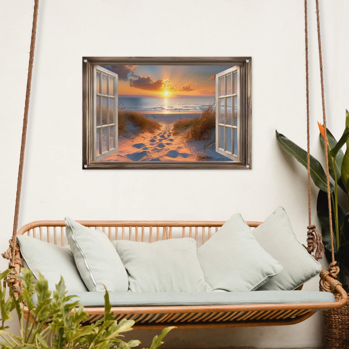 GARTENPOSTER Durchblick - Strand - Dünen - Sonnenuntergang Gartendeko 90x60 cm - Orange, Kunststoff (90/60/0.2cm) - OnlyWow