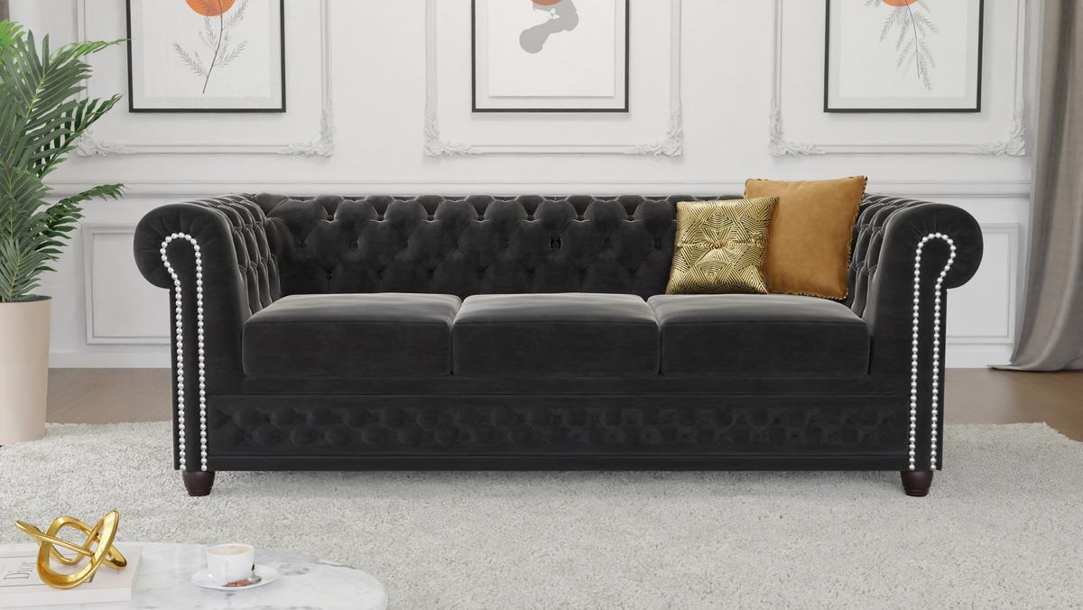 CHESTERFIELD-SOFA 3-Sitzer mit Schlaffunktion Nyx Schwarz Samt - Schwarz/Braun, Holz/Textil (203/28/86cm) - S-Style Möbel