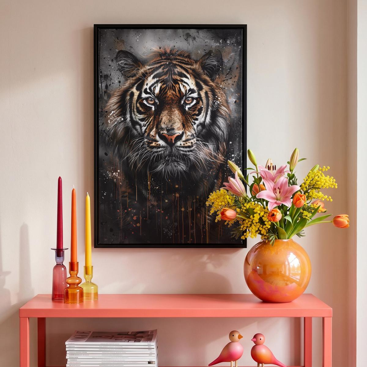 LEINWAND Bilder mit Rahmen - Tiger - Tiere - Porträt - Luxus - Schwarz - 40x60 - Braun, Textil (40/60cm) - MuchoWow