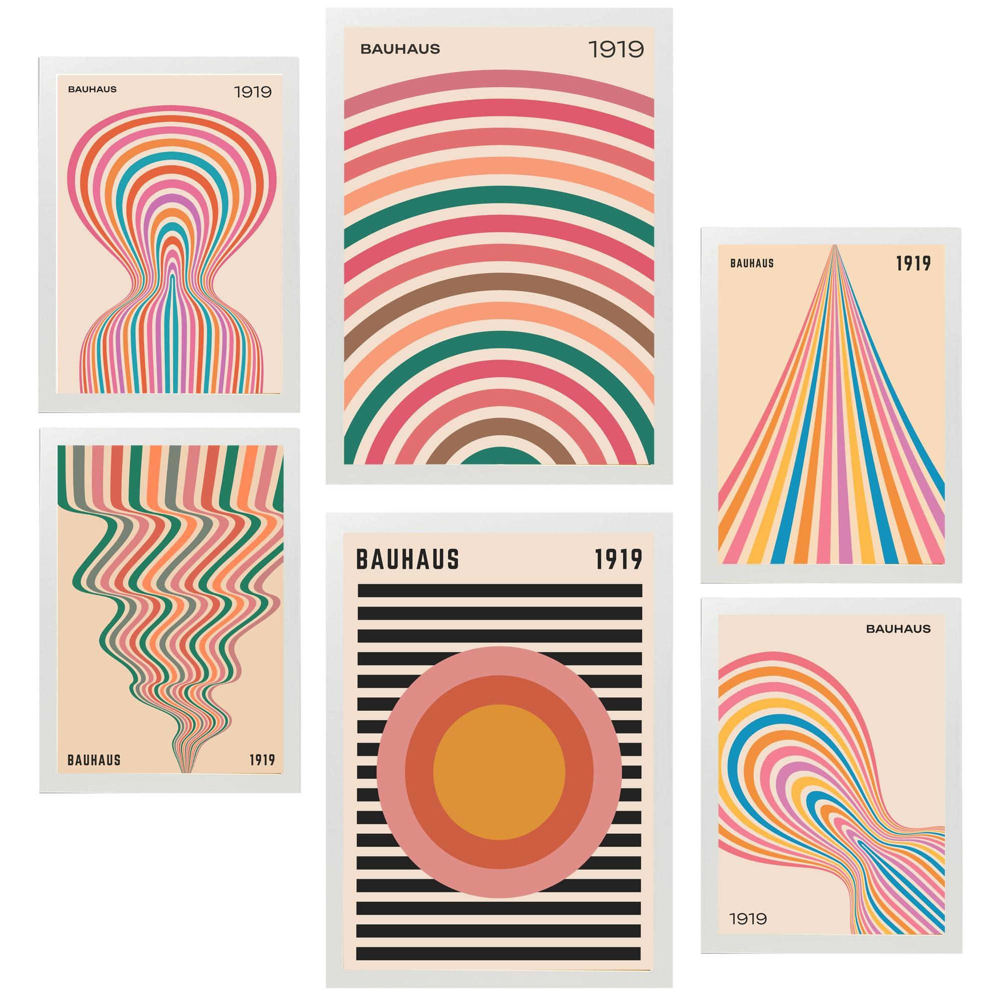 POSTER Set Mit 6 Geometrische Bauhaus Pastellfarben A3 & A4 Weißer Rahmen - Weiß, Papier (29/3cm) - Nacnic