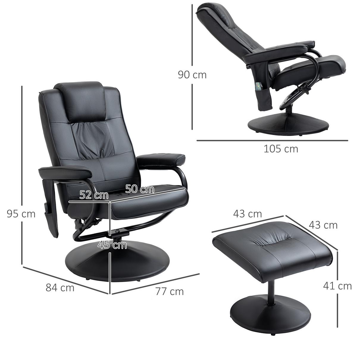MASSAGESESSEL mit Hocker, Relaxsessel mit Liegefunktion, Massagefunktion Schwarz - Schwarz, Leder/Kunststoff (84/95/77cm) - HOMCOM