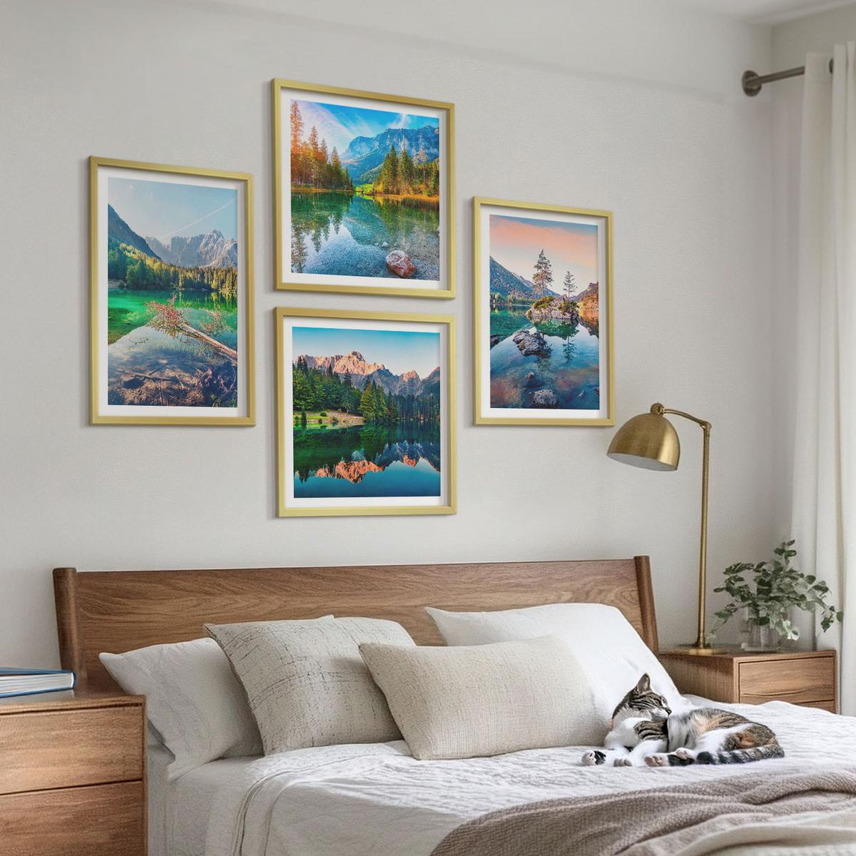 BILDER SET 4er Set - 50x50 cm & 40x60 cm Goldrahmen - Naturlandschaft der Bergseen - Goldfarben, Kunststoff (50/50cm) - TULUP
