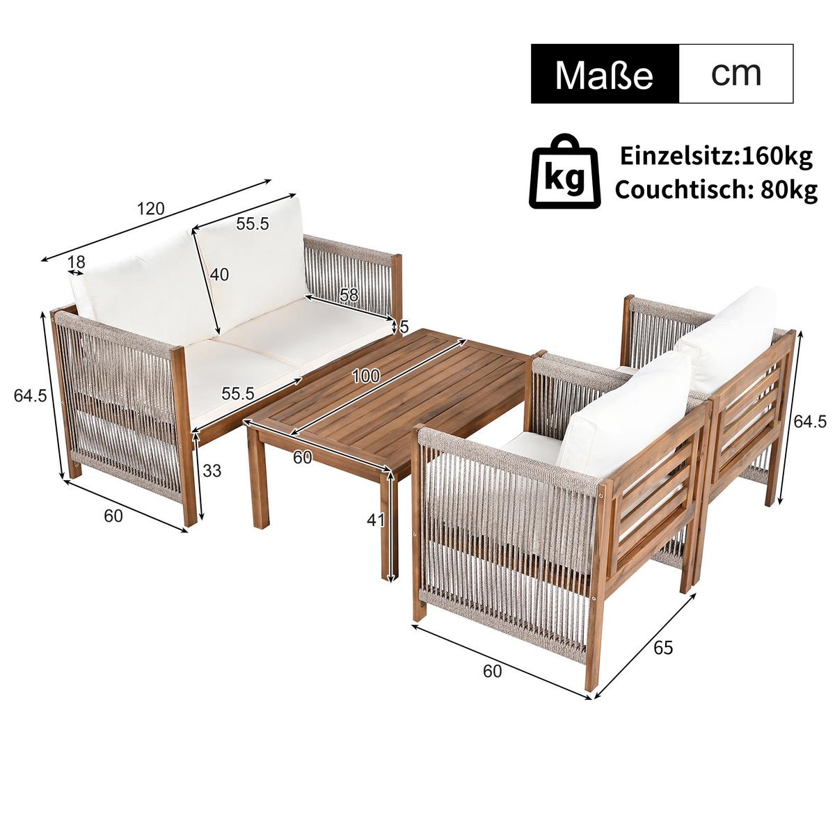 LOUNGEGARNITUR 4-tlg. Akazie & Seil Beige Gartensofa mit Tisch, 2 Sesseln & Kissen - Beige, Textil - Urban Meuble