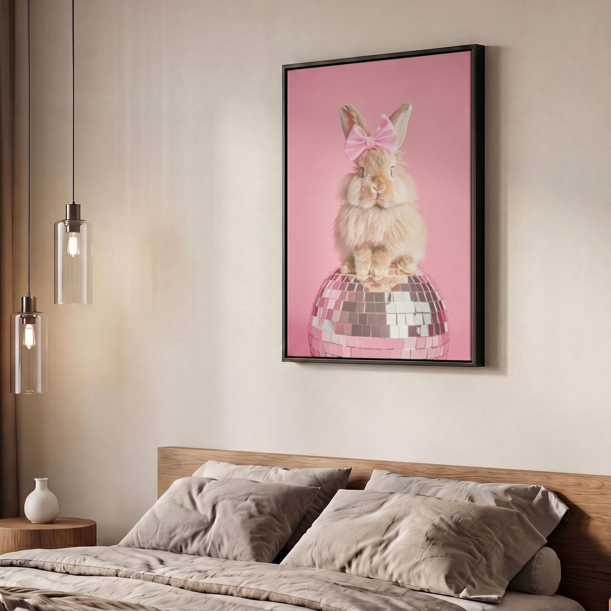LEINWAND Bilder mit Rahmen - Schleife - Discoball - Kaninchen - 60x80 - Pink, Textil (60/80cm) - MuchoWow