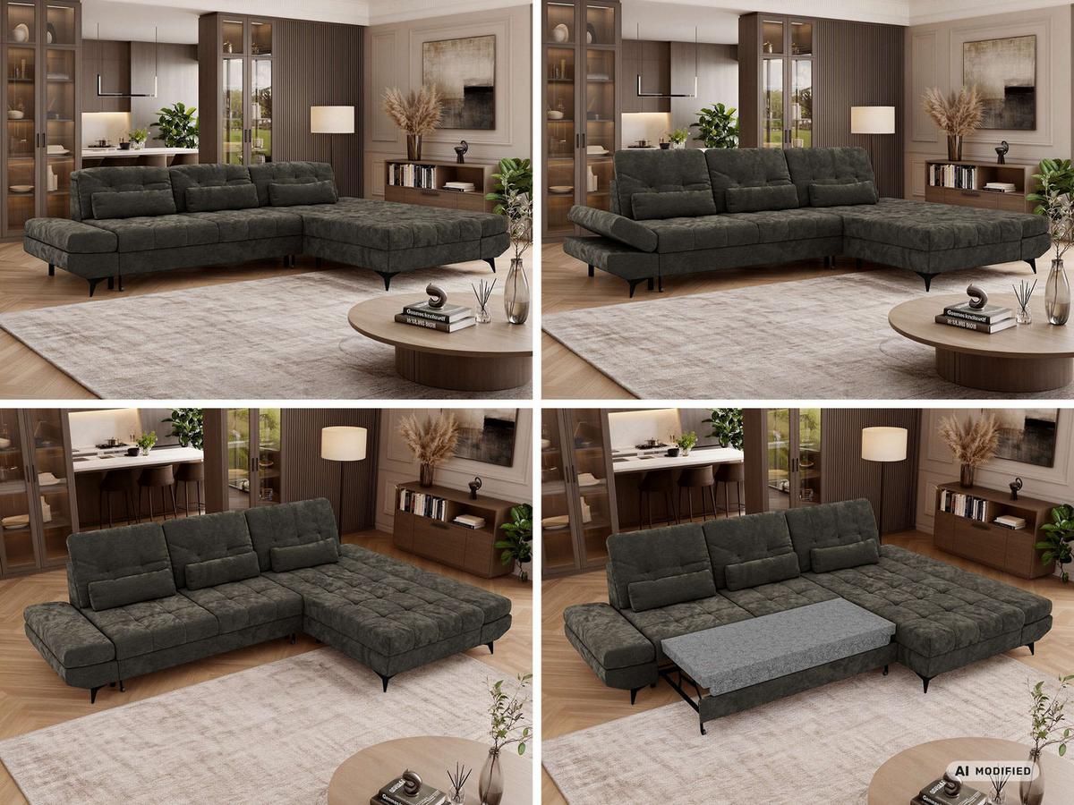 ECKSOFA ALVENO L - Dunkelgrau Schenille glatt - Rechts Seite - Dunkelgrau/Schwarz, Textil/Metall (344/218cm) - MKS