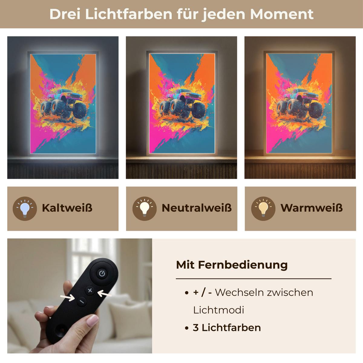 NACHTTISCHLAMPE MIT AKKU Monstertruck - Abstrakt - Farbspritzer - Farbenfroh 40x60 cm - Pink, Holzwerkstoff (8/40/60cm) - OnlyWow