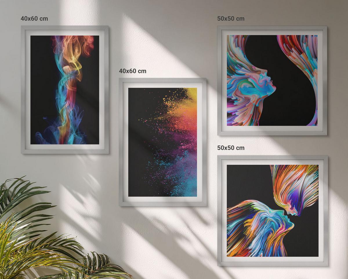 BILDER SET 4er Set - 50x50 cm & 40x60 cm Silberner Rahmen - Farbenfrohe Abstraktionen, Gesichter, Formen - Silberfarben, Kunststoff (50/50cm) - TULUP