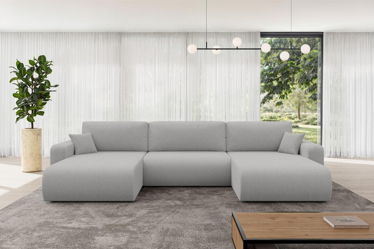 WOHNLANDSCHAFT mit Schlaffunktion und Bettkasten BERY-U 377x193x88 Hellgrau Bouclé - Silberfarben/Hellgrau, Holzwerkstoff/Kunststoff (377/88/193cm) - ALTDECOR