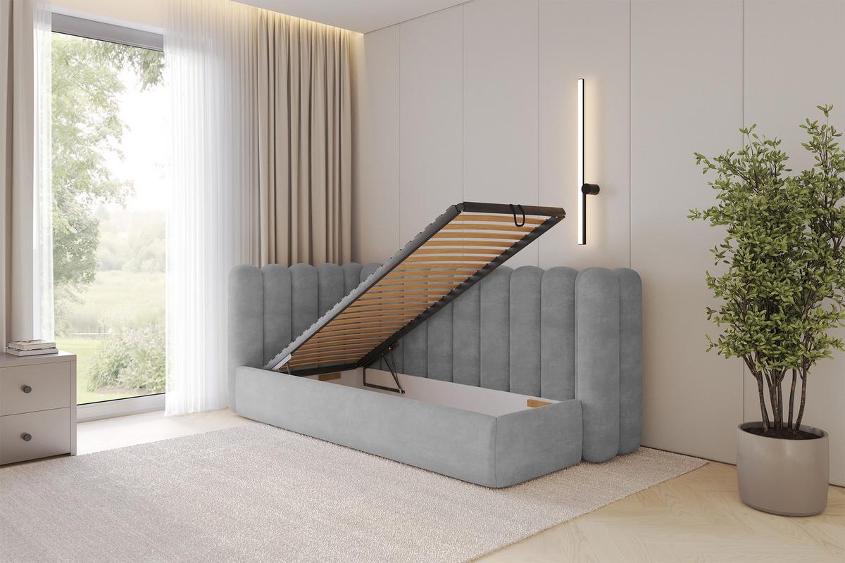 EINZELLBETT Jugendbett mit Bettkasten und Matratze H3/H4, Rechts - HUGY 100x200 Grau - Hellgrau, Holzwerkstoff/Textil (100/200cm) - ALTDECOR