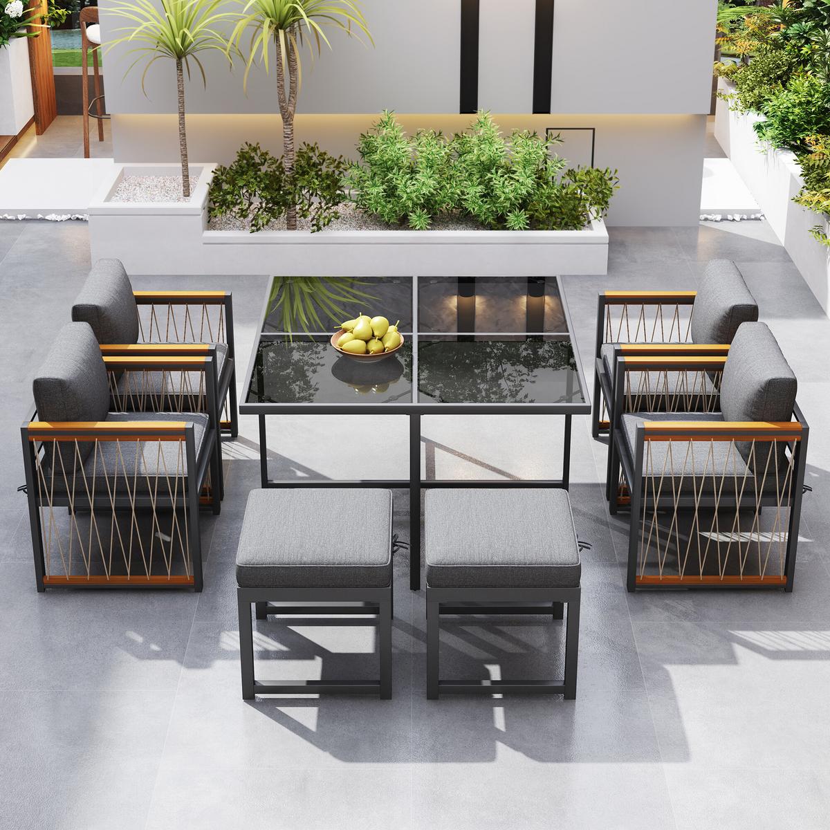 GARTENMÖBEL-SETS mit Sitzkissen 7-teilig - Grau, Glas/Metall - Urban Meuble