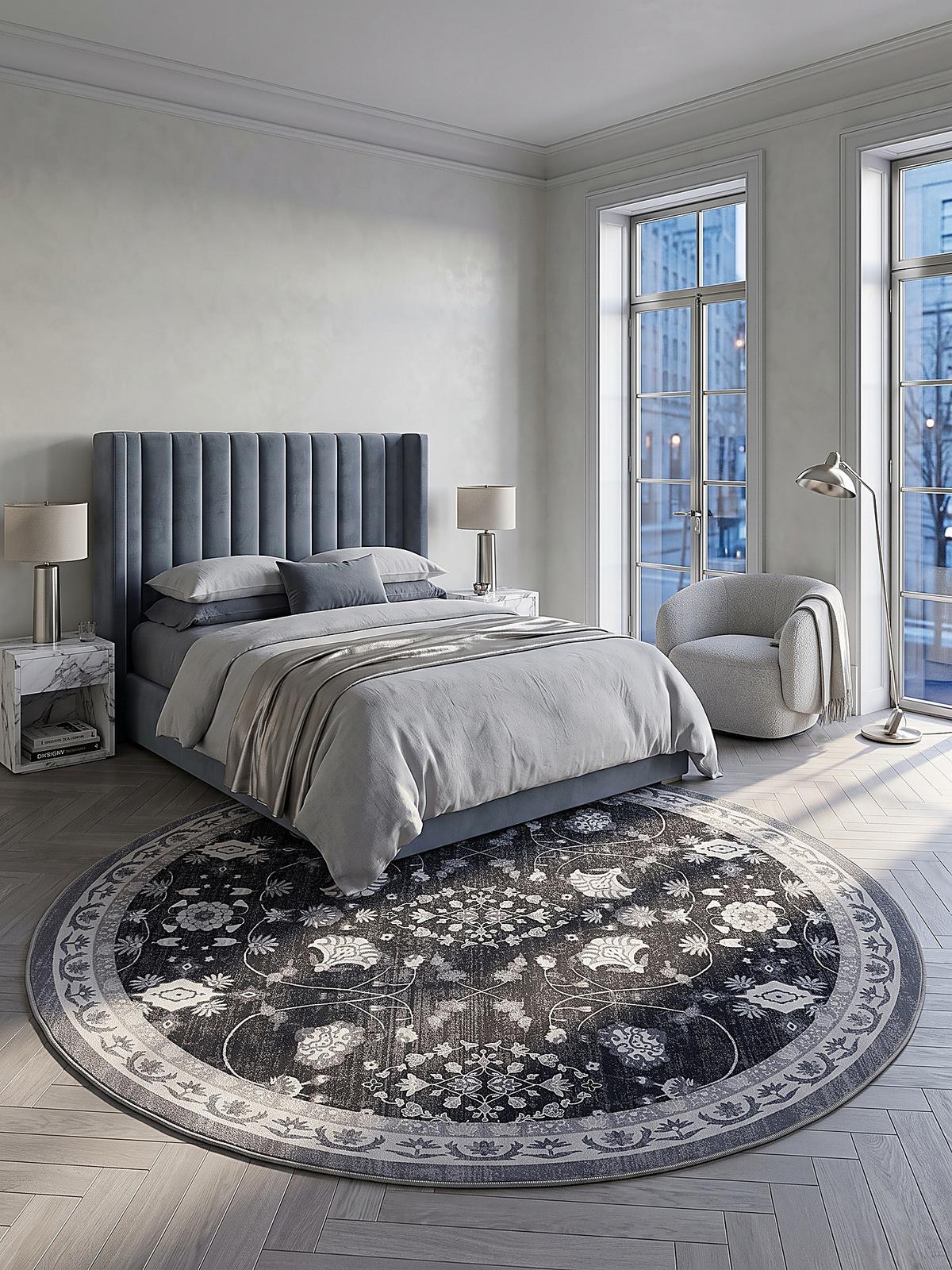 TEPPICH Kurzflor, waschbar, mit floralen Ornamenten, VERNANTE in Schwarz-Creme-Grau, Ø 120 cm - Schwarz, Textil (120/120cm) - KADIMA DESIGN