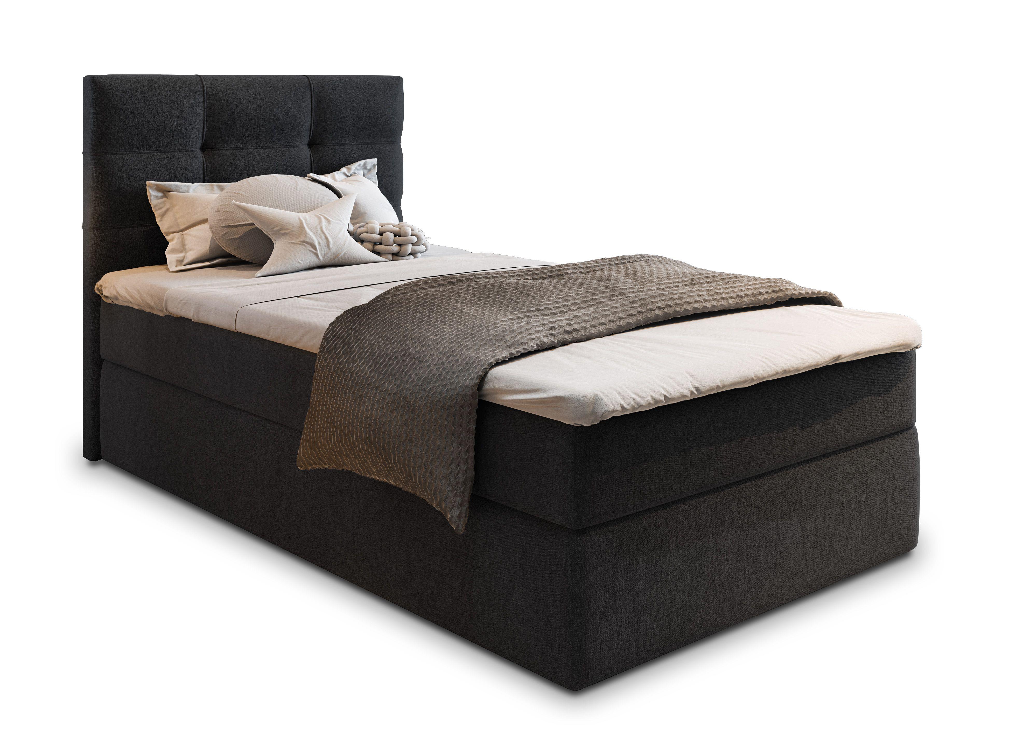 BOXBETT GLOS 90 90x200 cm mit Matratze und Topper, H2+H3 - Schwarz - Schwarz, Holz (90/200cm) - MASSENO