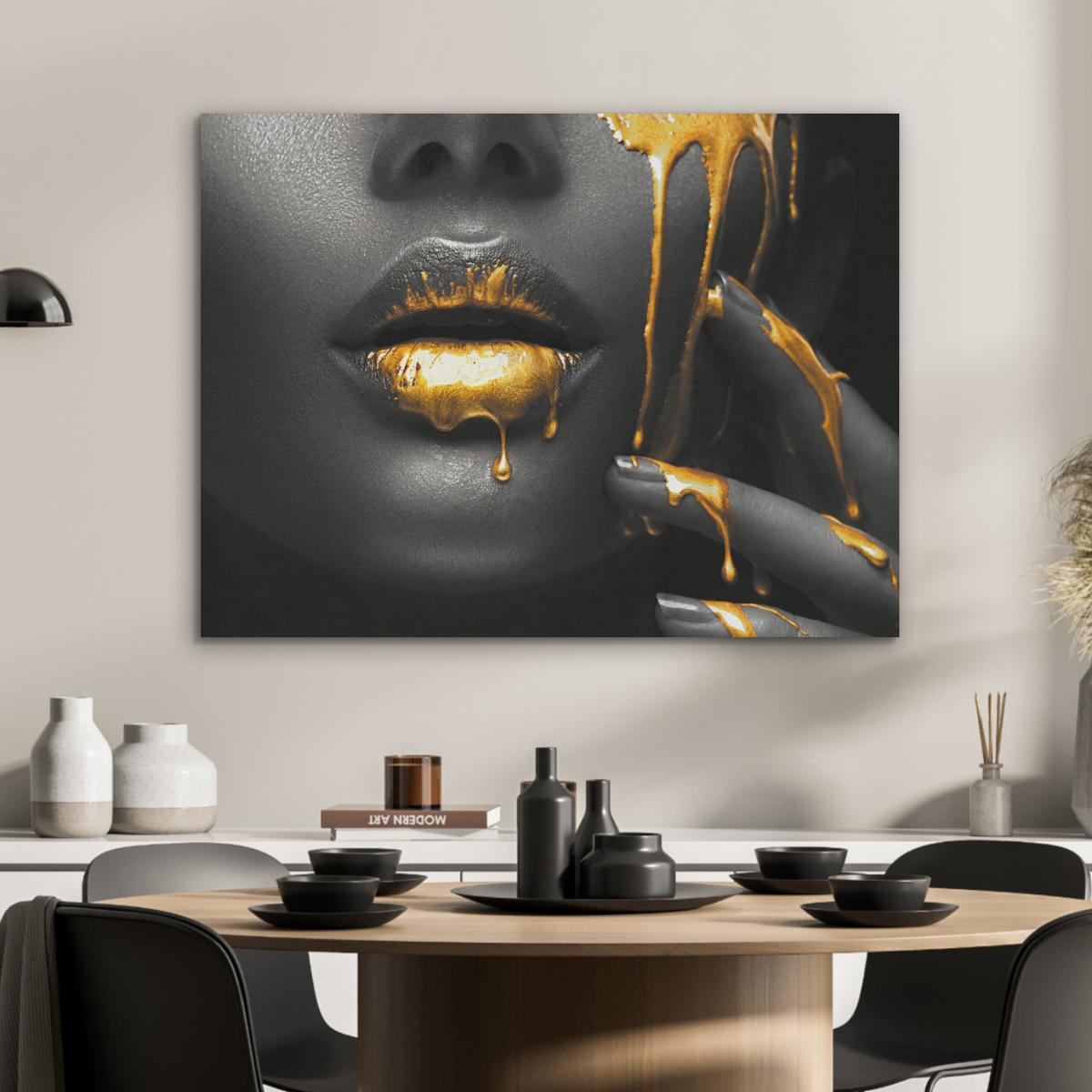 AKUSTIKBILD Frau - Schwarz - Gold - Gesicht - Lippen Gemälde 80x60 cm - Goldfarben, Kunststoff (80/60/0.9cm) - MuchoWow