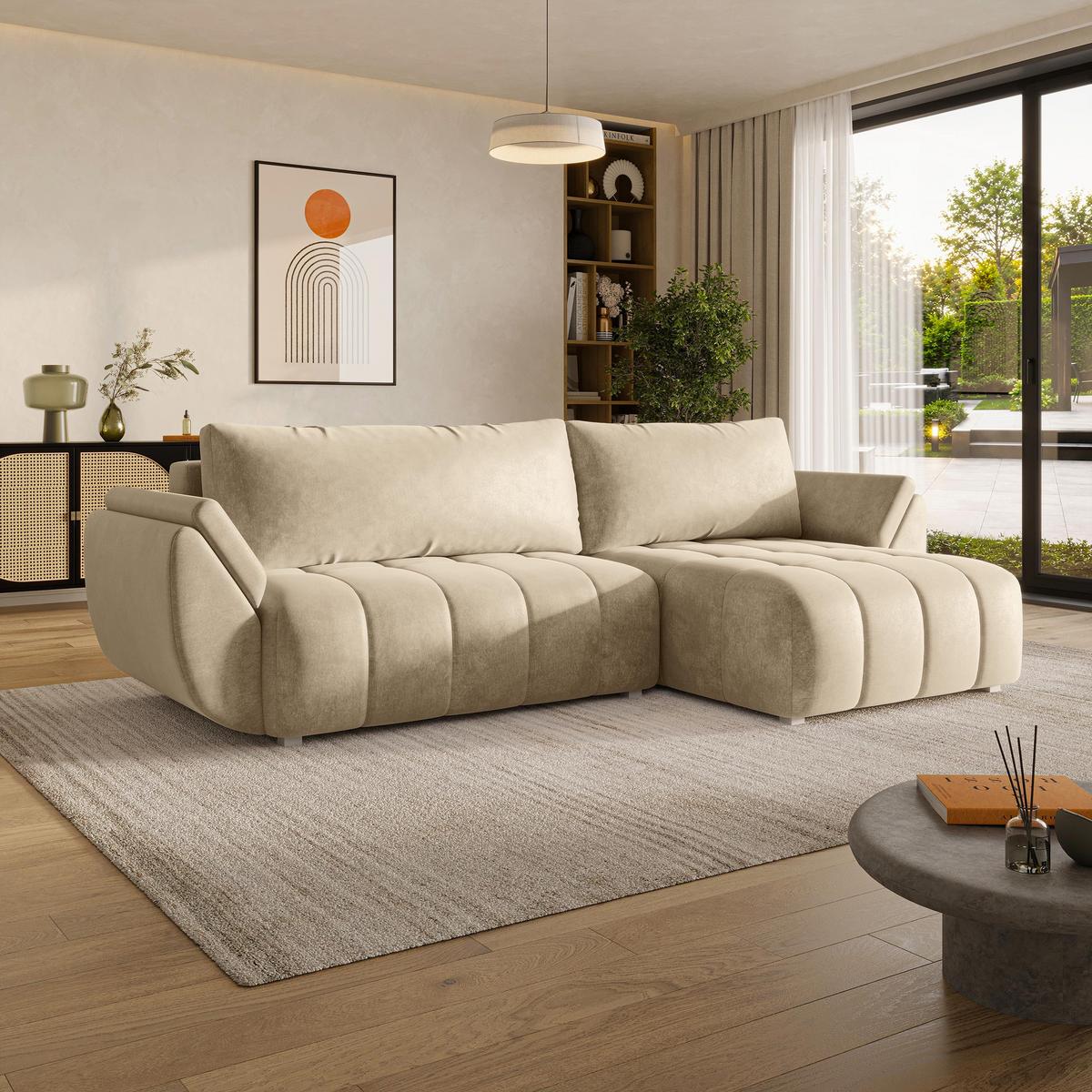 ECKSOFA OLSI Creme Velours-Stoff mit Schlaffunktion - Creme, Holz (285/148cm) - MASSENO