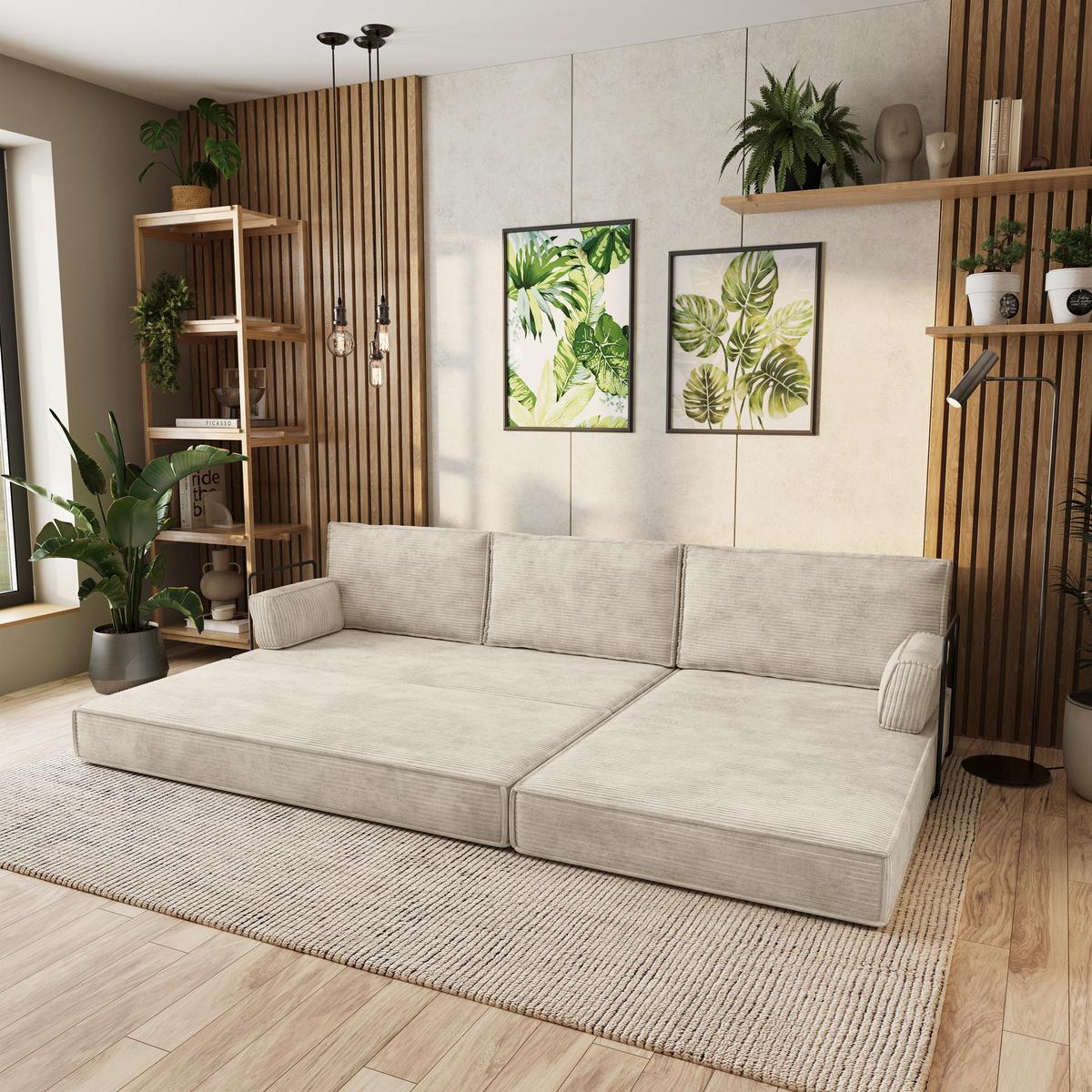ECKSOFA ANKO modulares Boneless Sofa mit Schlaffunktion Creme Kordstoff - Creme, Textil (270/160cm) - MASSENO