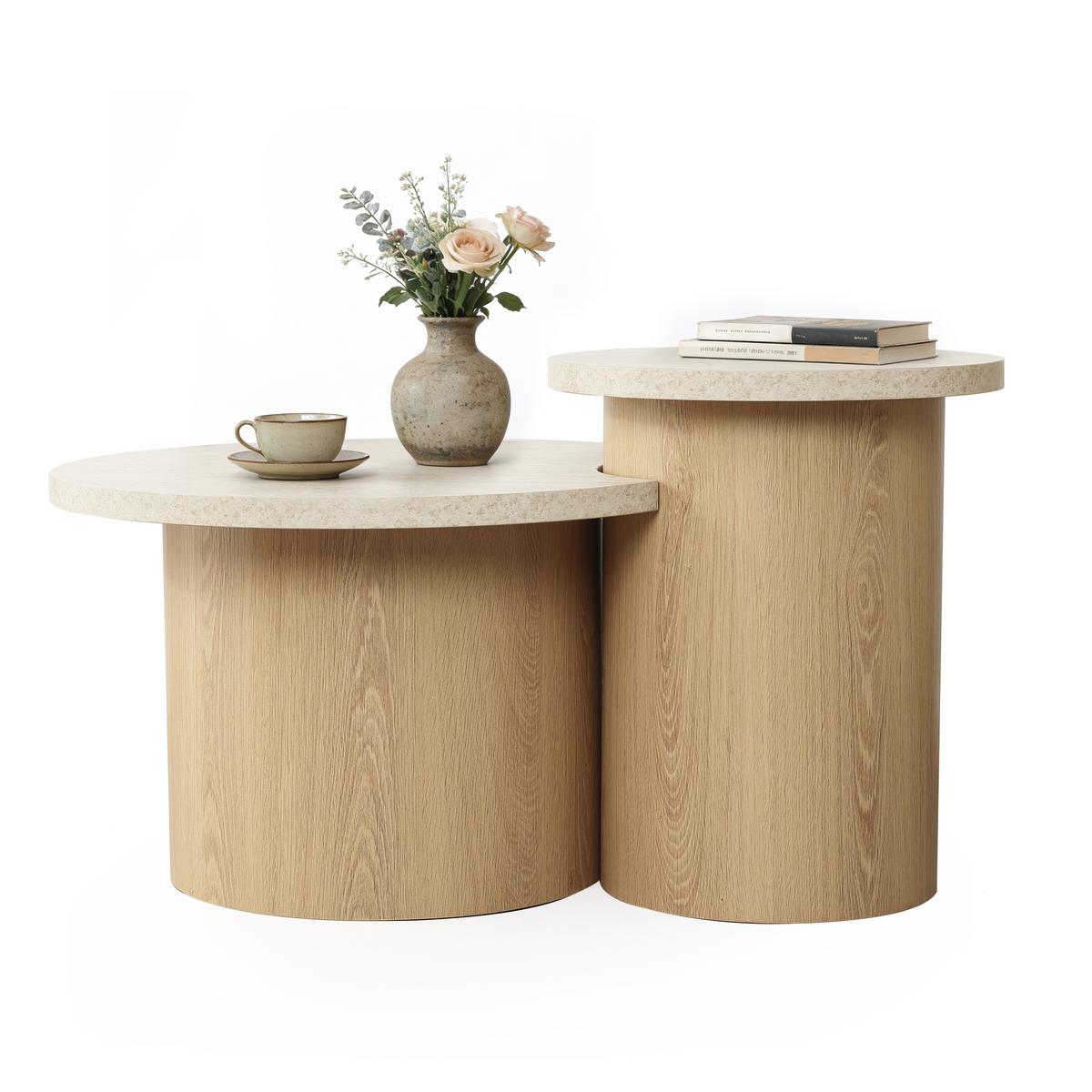 COUCHTISCH Rund 2er Set Holz mit Travertin-Optik, Ø60 & 40cm - Braun, Holzwerkstoff (60/85/47.5cm) - Hometopia