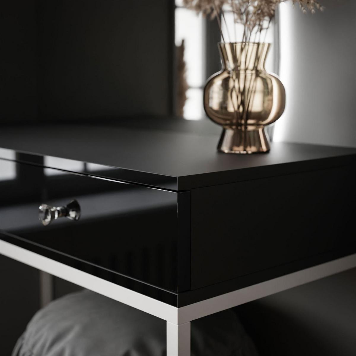 SCHMINKTISCH weiß/schwarz Hochglanz QUINNIE mit LED-Spiegel rechts Griff Kristall - Schwarz Hochglanz/Weiß, Holzwerkstoff (100/176/42cm) - Lookway