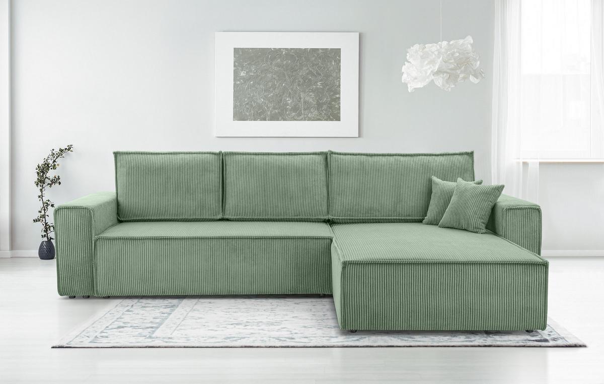 ECKSOFA L Form Cedria Salbeigrün 287/145/85 cm mit Schlaffunktion - Schwarz/Grün, Kunststoff/Textil (287/145cm) - AX Living