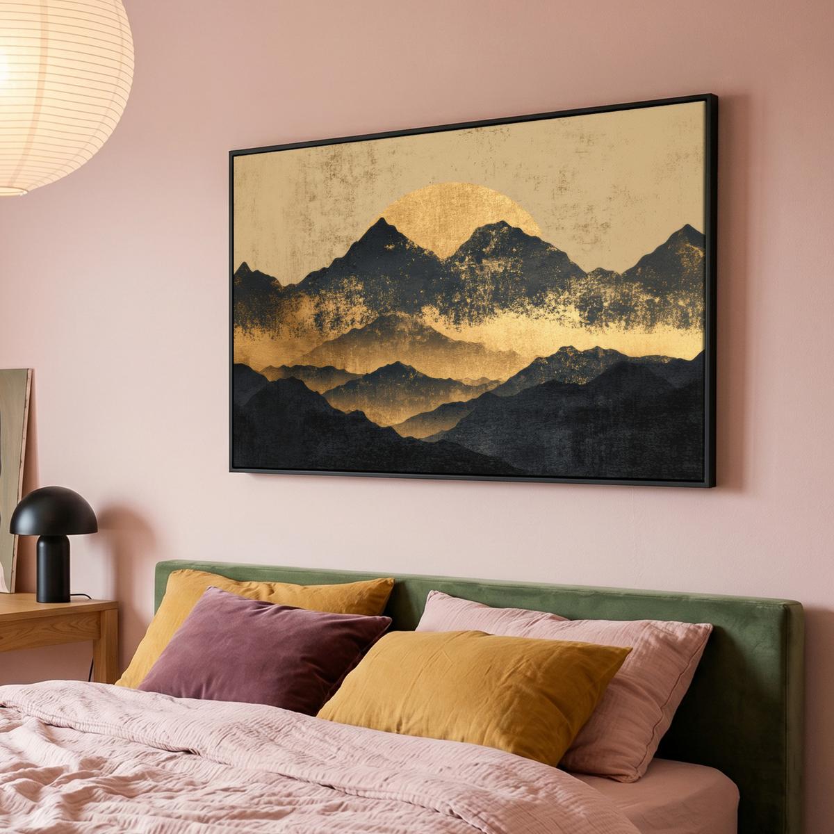 LEINWAND Bilder mit Rahmen - Goldene Berge bei Mondschein - 120x80 - Goldfarben, Textil (120/80cm) - MuchoWow