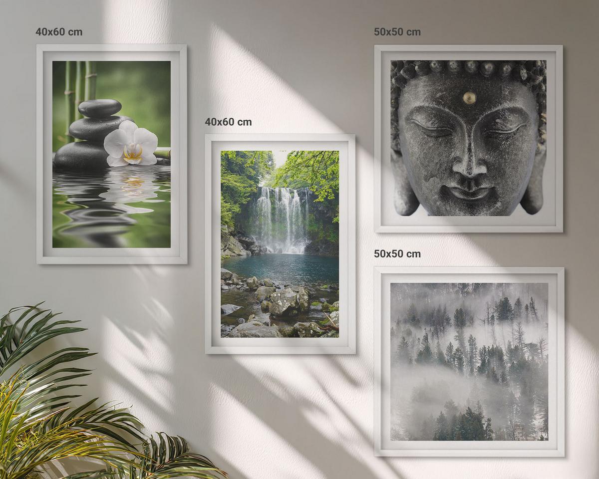 BILDER SET 4er Set - 50x50 cm & 40x60 cm Weißer Rahmen - Harmonie der Natur, Steine, Wasser, Buddha - Weiß, Kunststoff (50/50cm) - TULUP