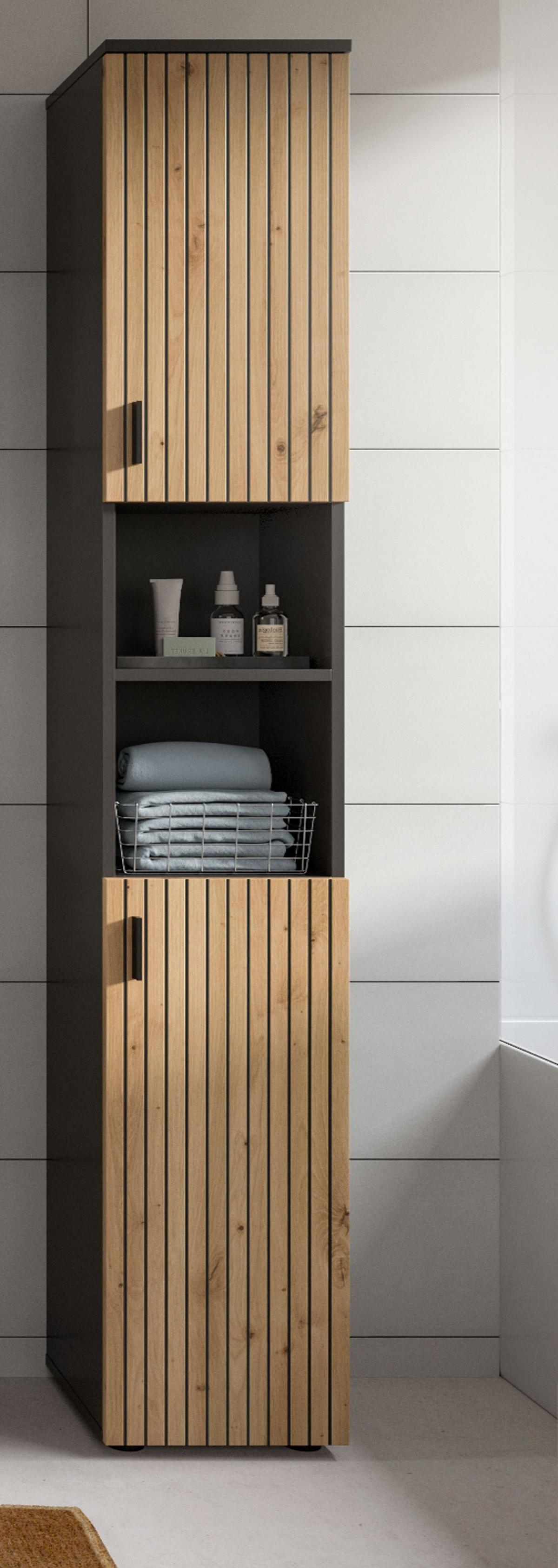 HOCHSCHRANK Eiche Artisan, grau 30 x 192 cm, Badschrank mit 6 Fächern - Schwarz/Eiche Artisan, Holzwerkstoff/Kunststoff (30/192/30cm) - Inn.Furn