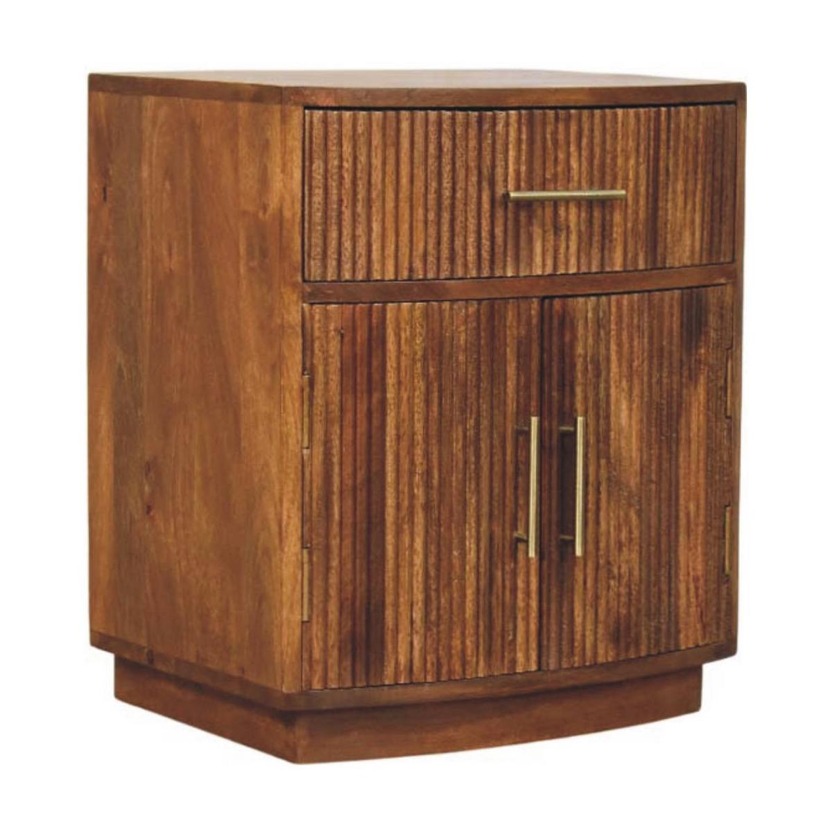 NACHTKASTEN Massivholz Geschwungen Geriffelt, 1 Schublade und 2 Regale mit Türen, Dunkelbraun - Hellbraun/Messingfarben, Holz/Metall (50/60/40cm) - Artisan Furniture
