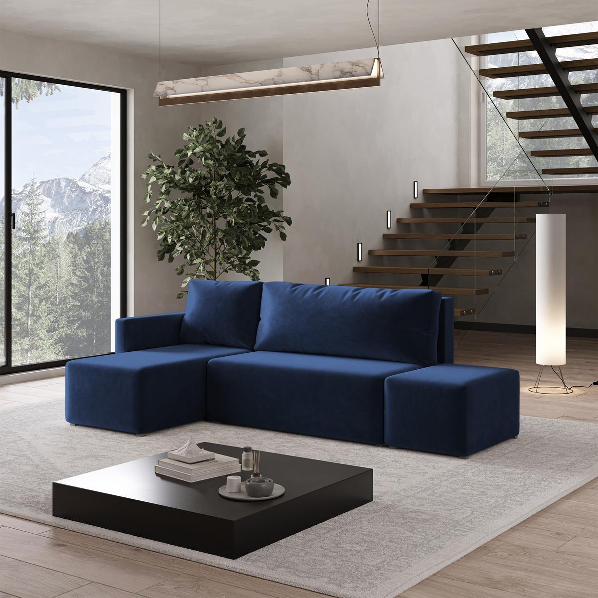 ECKSOFA VELOTTI L-S Blau Plüsch-Stoff mit Schlaffunktion - Blau, Holz (261/143cm) - MASSENO
