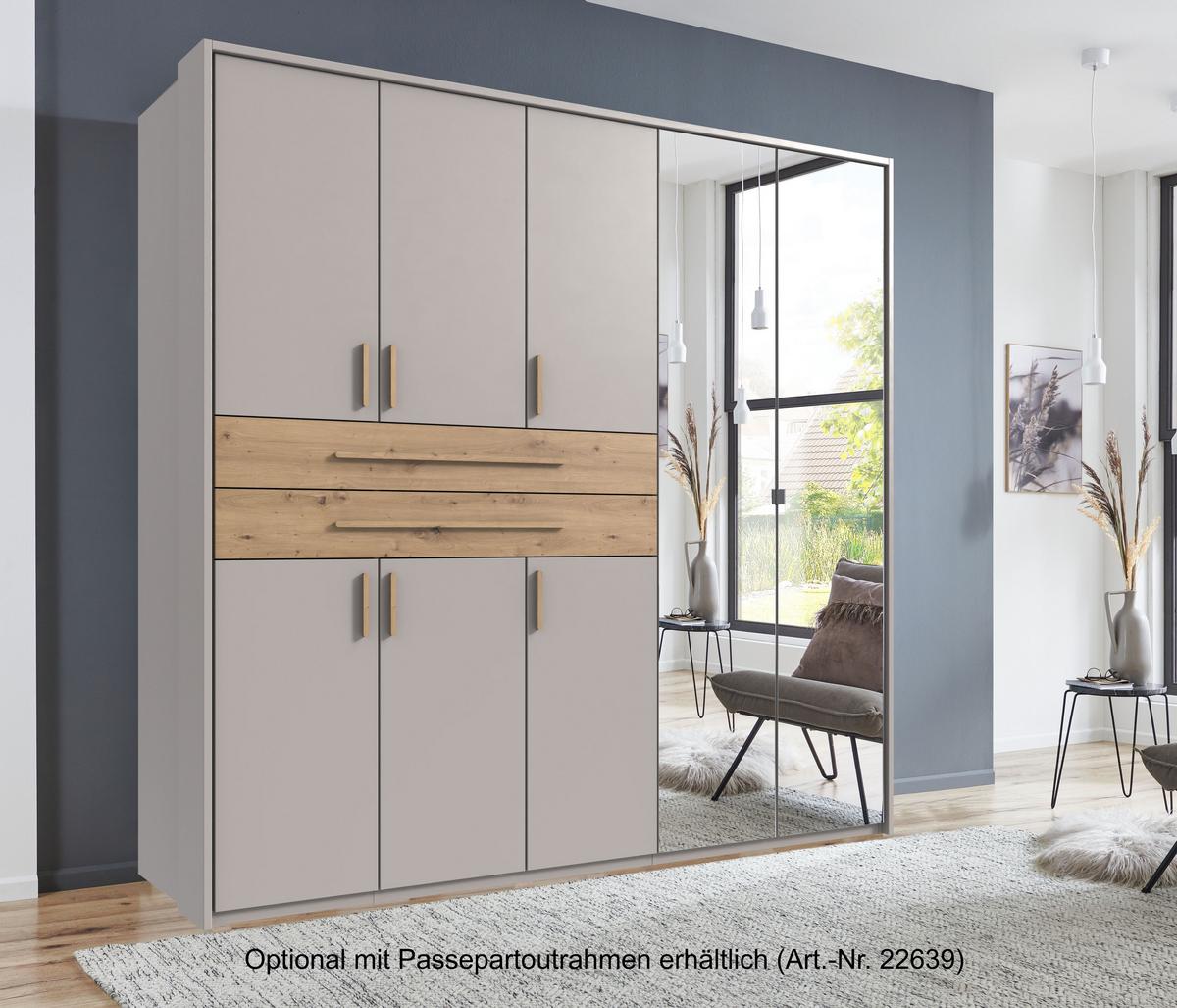 DREHTÜRENSCHRANK B225/H208/T58 cm Beige Grau, Kleiderschrank mit 2 Spiegeltüren, 2 großen Schubkästen & Griffen in Eiche Artisan Dekor / 22636 - Greige/Eiche Artisan, Holzwerkstoff/Kunststoff (225/208/58cm) - luma-home