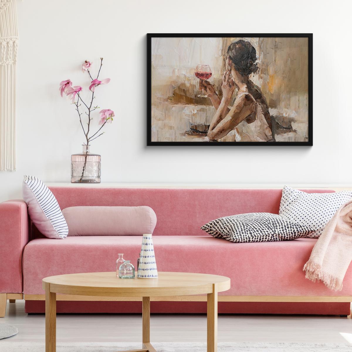 POSTER MIT RAHMENGERAHMTES BILD Ölgemälde - Frau - Wein 90x60 cm - Hellbraun, Papier (90/60cm) - MuchoWow