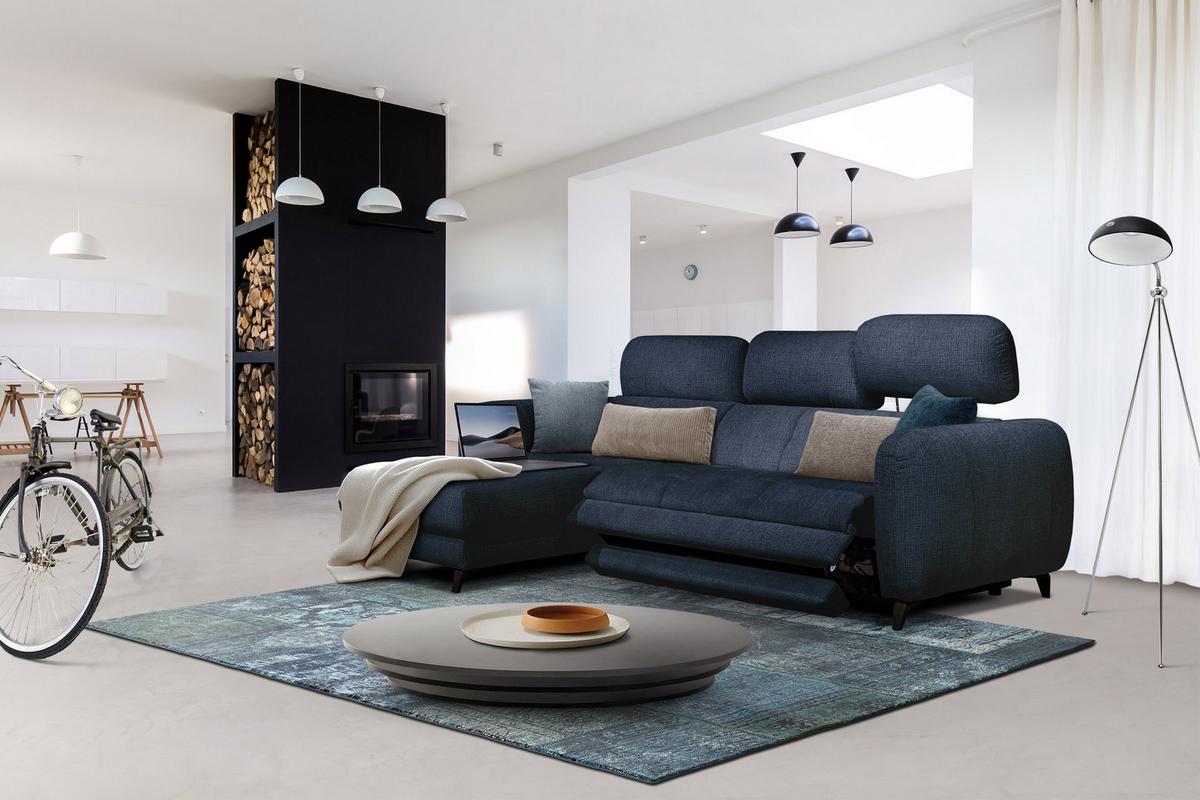 ECKSOFA SVEN 3-Sitzer, 1 Relax XL, verstellbare Kopfstützen, navy blue - Schwarz/Dunkelblau, Holzwerkstoff/Textil (256/163cm) - Wozimo