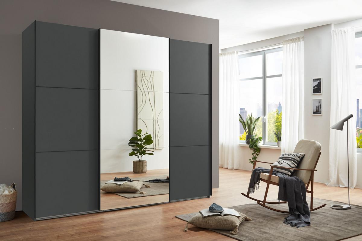 SCHWEBETÜRENSCHRANK 3-türig B250/H216/T65 cm in Anthrazit, eine Spiegeltür, Kleiderschrank inkl. Vollausstattung / 22015 - Anthrazit/Rot, Holzwerkstoff/Metall (250/216/65cm) - luma-home