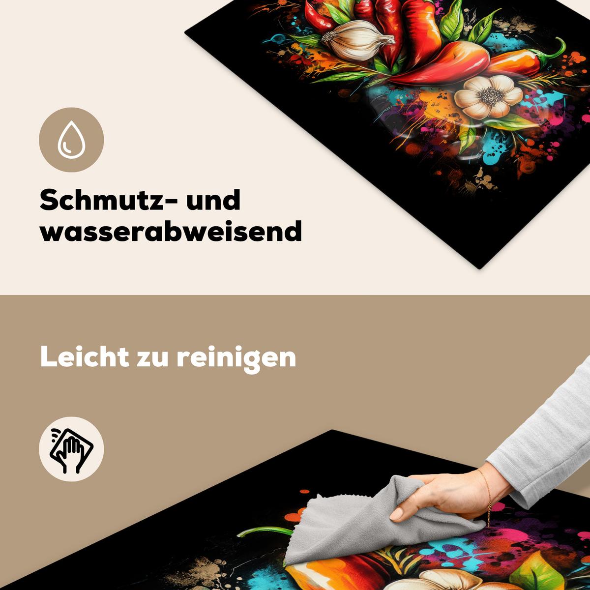 HERDABDECKPLATTE Gemüse - Paprika - Knoblauch - Graffiti - Farbe - Bunt Herdabdeckung Induktionsfeld 75x52 cm - Rot, Kunststoff (75/52/0.2cm) - MuchoWow