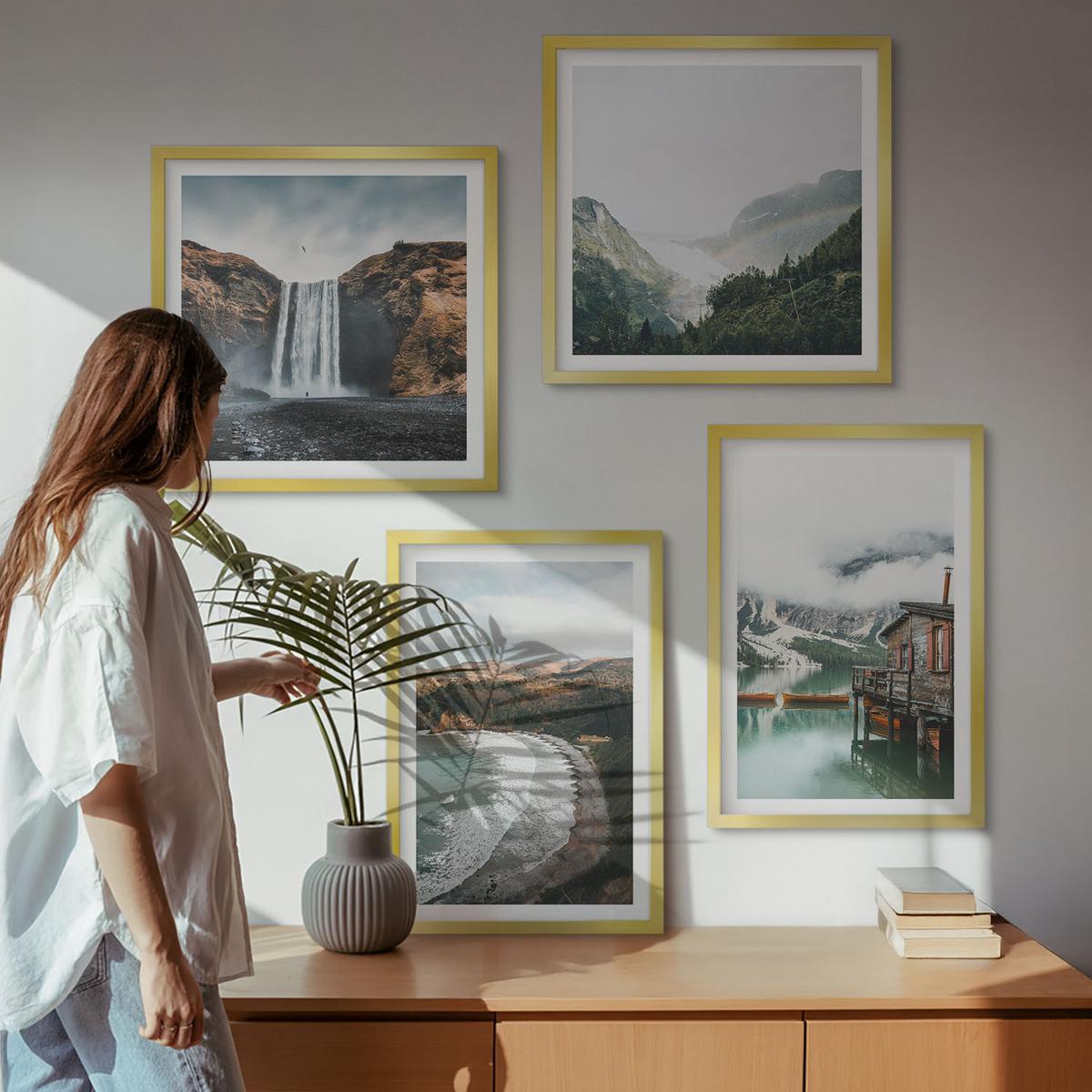 BILDER SET 4er Set - 50x50 cm & 40x60 cm Goldrahmen - Bergstrände Wolken Wasser - Goldfarben, Kunststoff (50/50cm) - TULUP