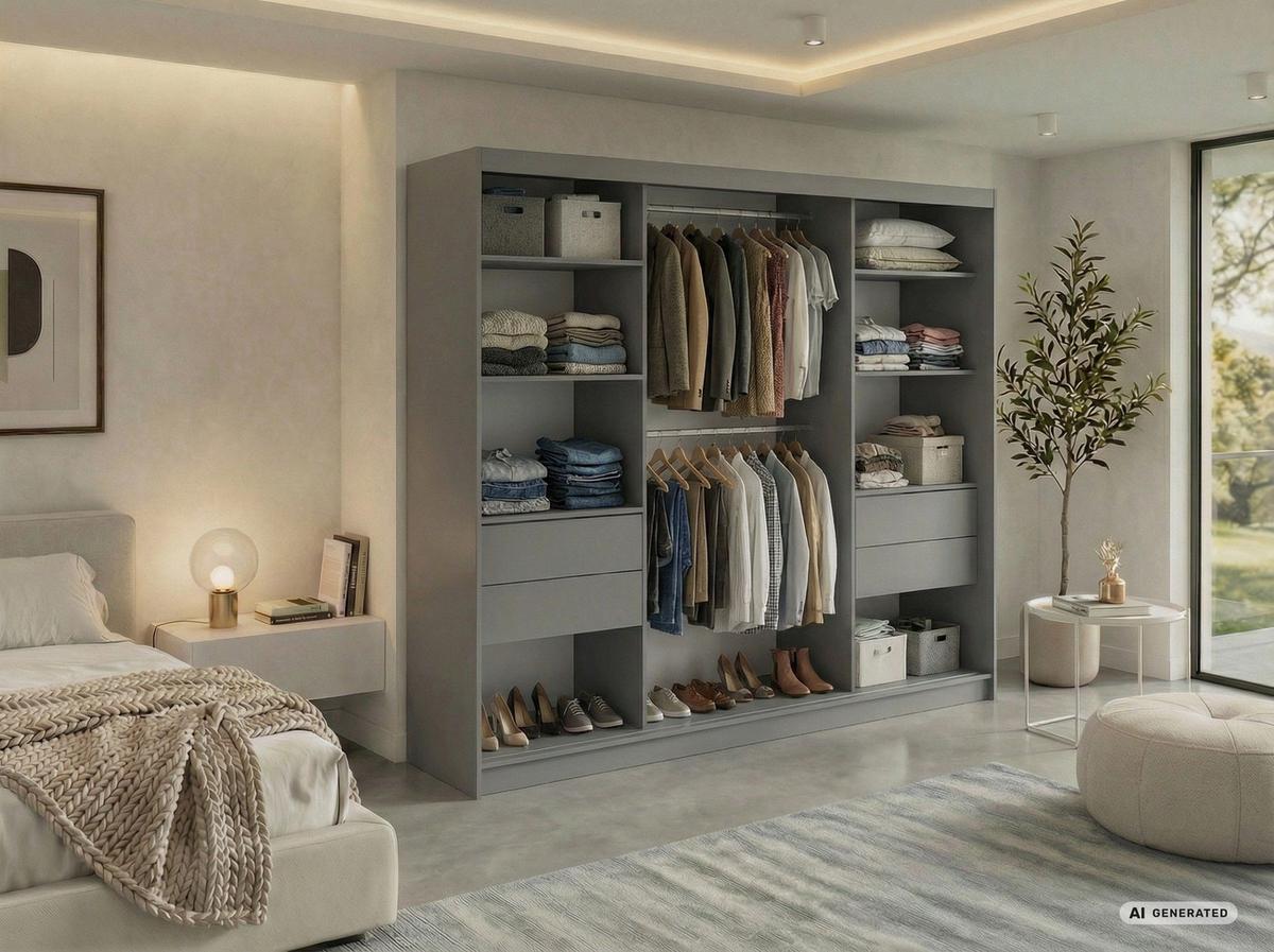 SCHWEBETÜRENSCHRANK mit Schubladen 240 - SKORIA - Grau mit Spiegel - Alufarben/Grau, Holzwerkstoff/Metall (240/216/61cm) - MKS