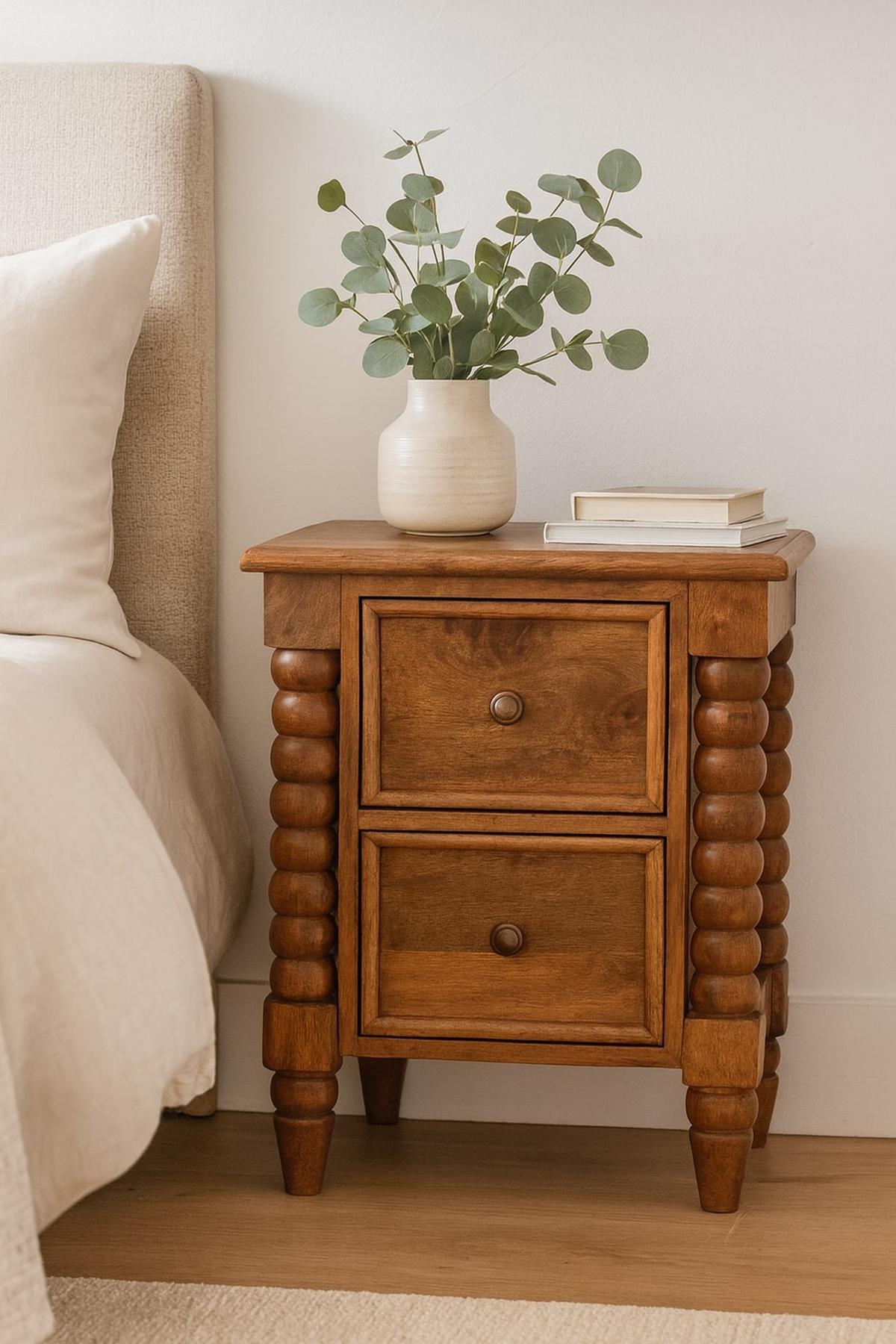 NACHTKASTEN Gerstendrehung, 2 Schubladen, Hellbraun - Hellbraun/Messingfarben, Holz/Metall (40/55/30cm) - Artisan Furniture