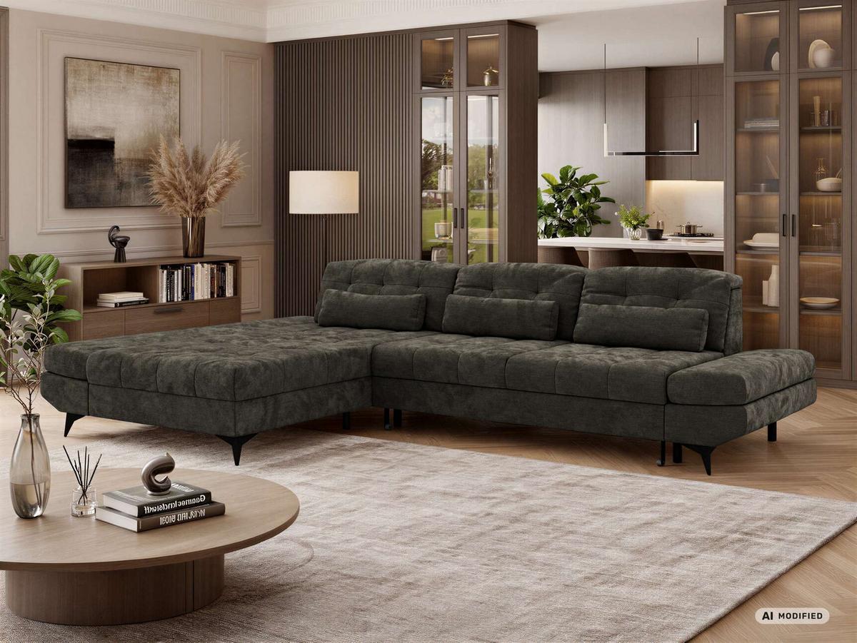 ECKSOFA ALVENO L - Dunkelgrau Schenille glatt - Links Seite - Dunkelgrau/Schwarz, Textil/Metall (218/344cm) - MKS