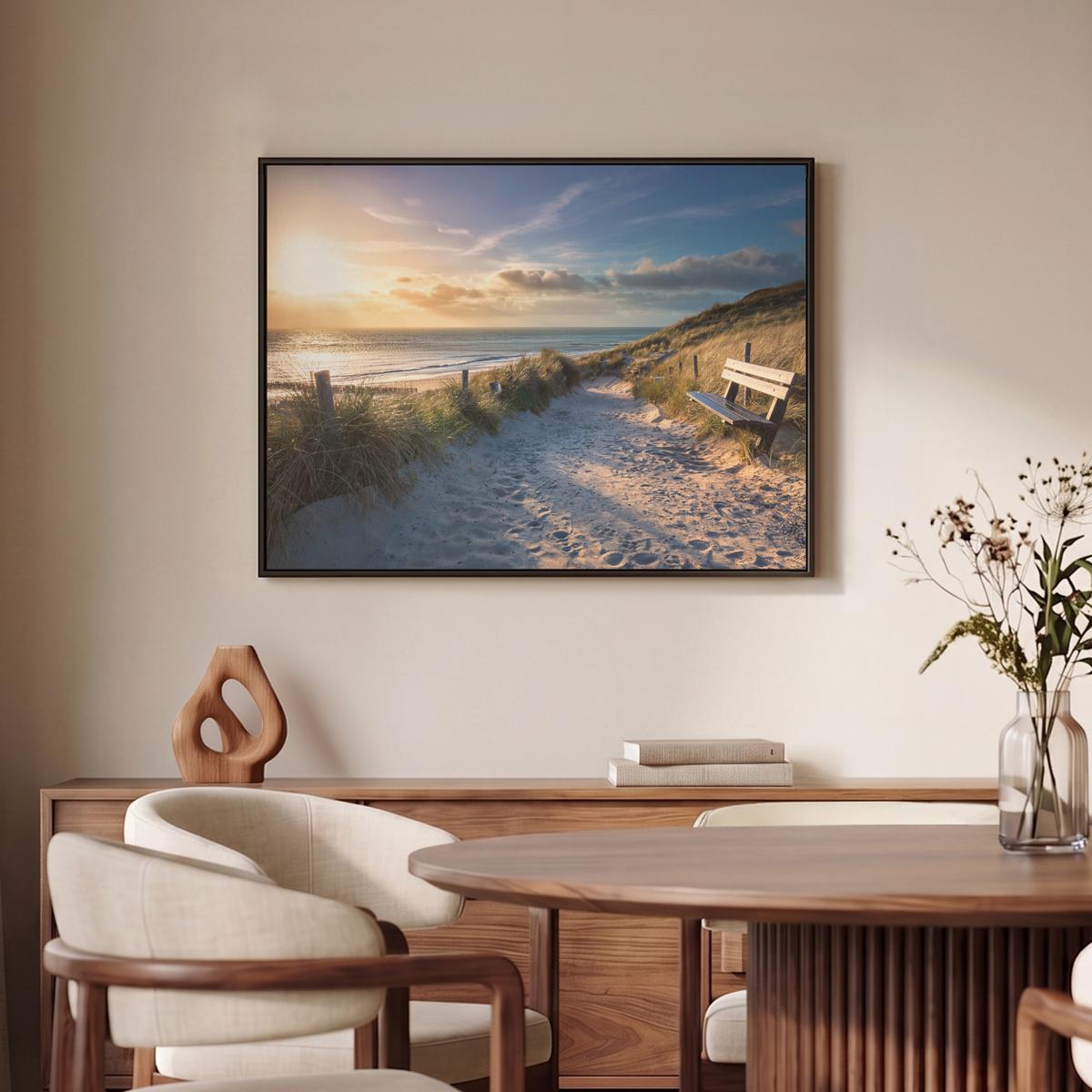 LEINWAND Bilder mit Rahmen - Sonnenuntergang - Strand - Düne - Gras - Ufer - 70x50 - Sandfarben, Textil (70/50cm) - MuchoWow